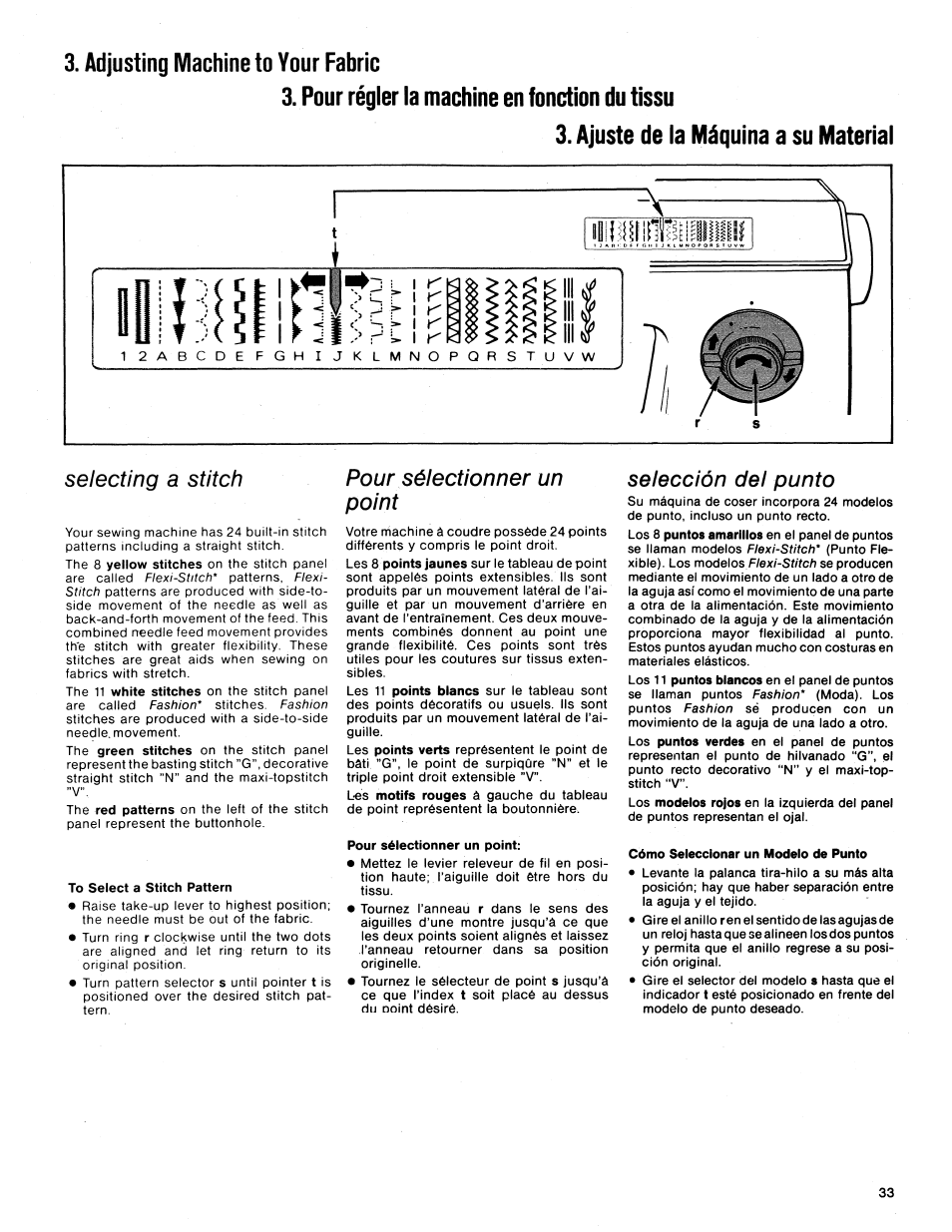 Selecting a stitch, To select a stitch pattern, Pour sélectionner un point | Selección del punto, Cómo seleccionar un modelo de punto | SINGER 1425 User Manual | Page 34 / 90