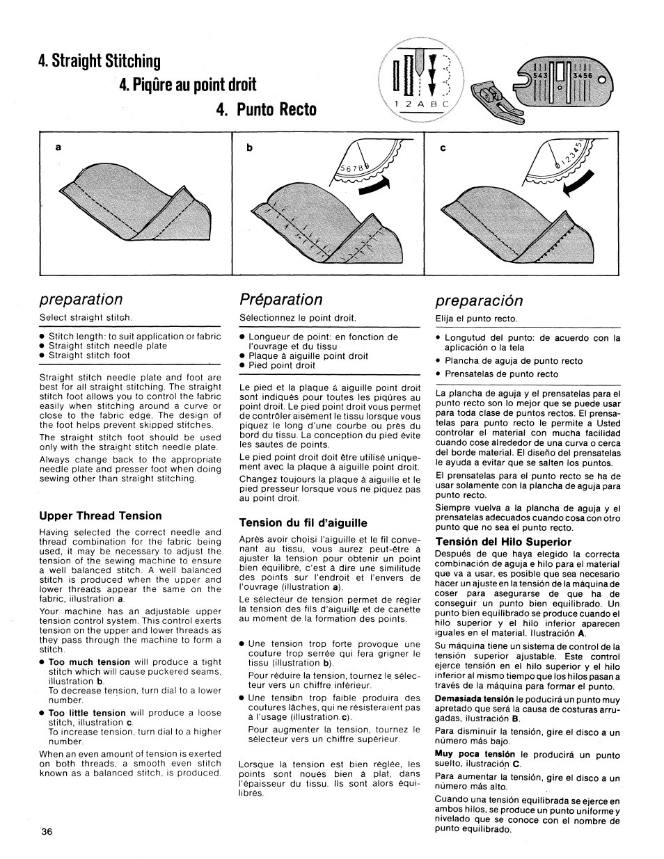 Preparation, Préparation, Preparación | Upper thread tension, Tension du fil d’aiguille, Tensión del hilo superior | SINGER 1425 User Manual | Page 37 / 90