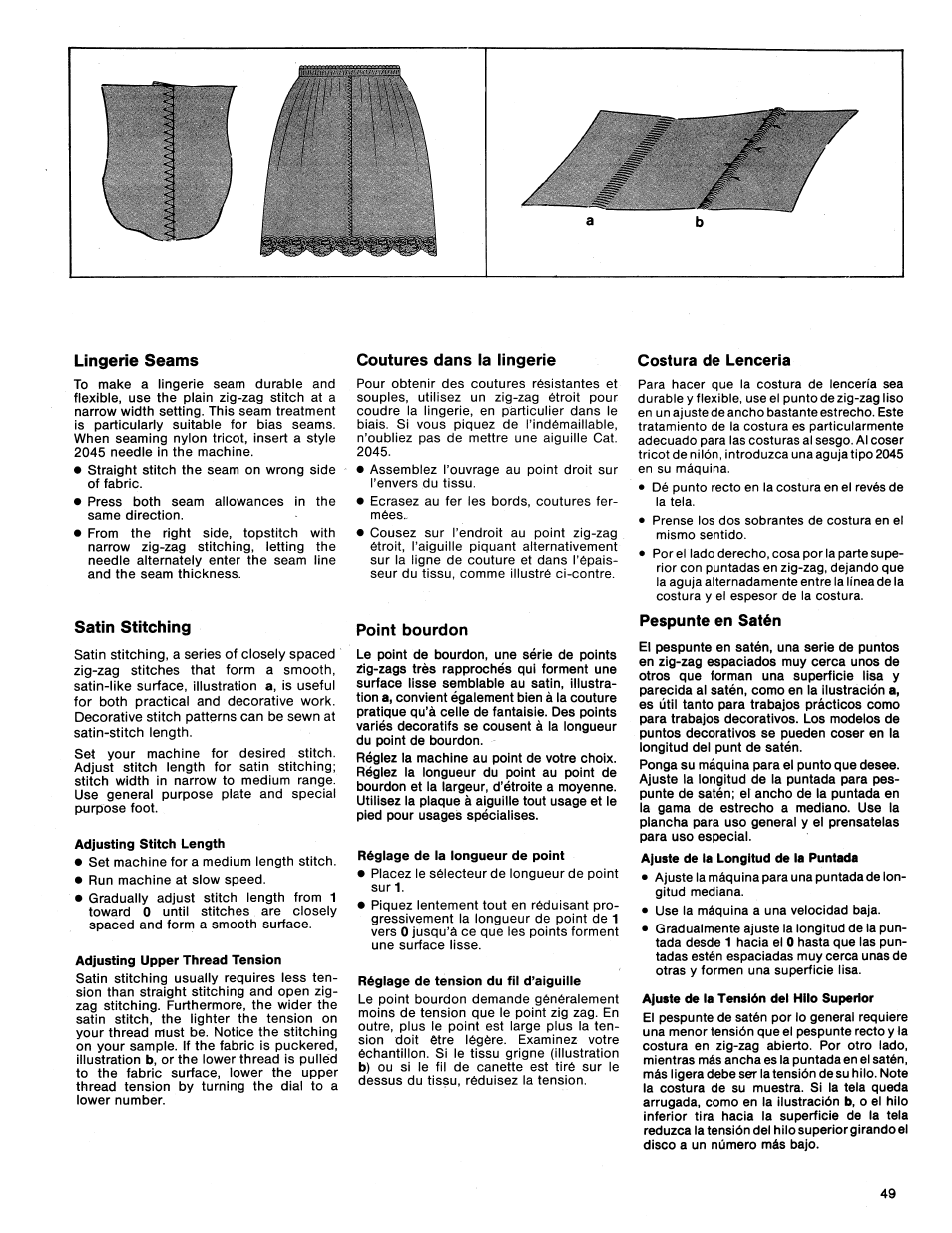 Lingerie seams, Satin stitching, Coutures dans la lingerie | Point bourdon, Costura de lencería, Pespunte en satén, Ajuste de la tensión del hilo superior | SINGER 1425 User Manual | Page 50 / 90