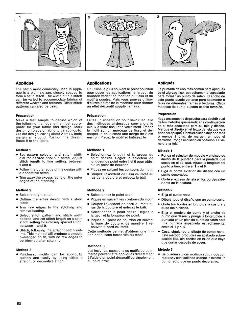 Appliqué, Preparation, Method 1 | Method 2, Method 3, Applications, Préparation, Méthode 1, Méthode 2, Méthode 3 | SINGER 1425 User Manual | Page 51 / 90