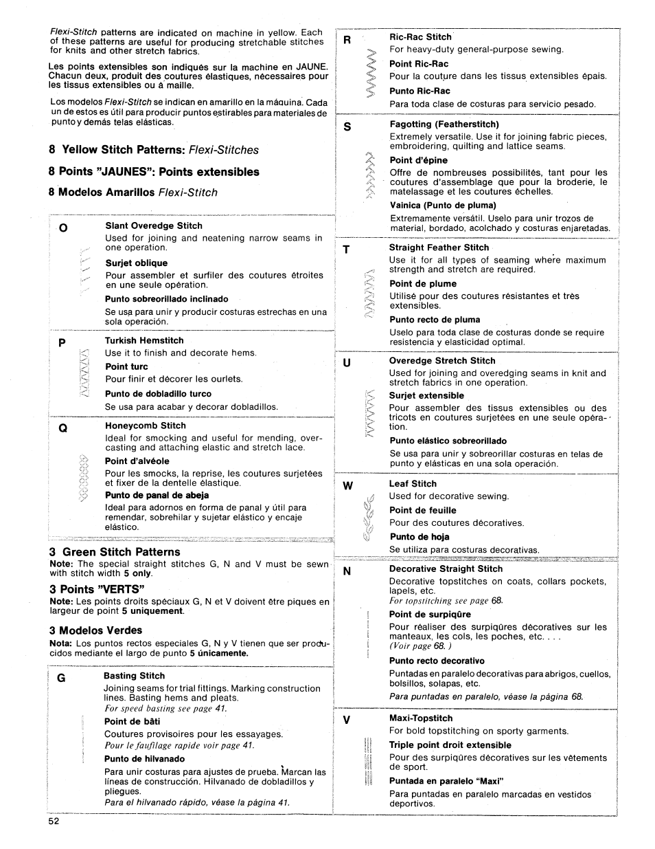 Slant overedge stitch, Punto sobreorillado inclinado, Turkish hemstitch | Point turc, Punto de dobladillo turco, Honeycomb stitch, Point d’alvéole, Basting stitch, Ric-rac stitch, Point ric-rac | SINGER 1425 User Manual | Page 53 / 90