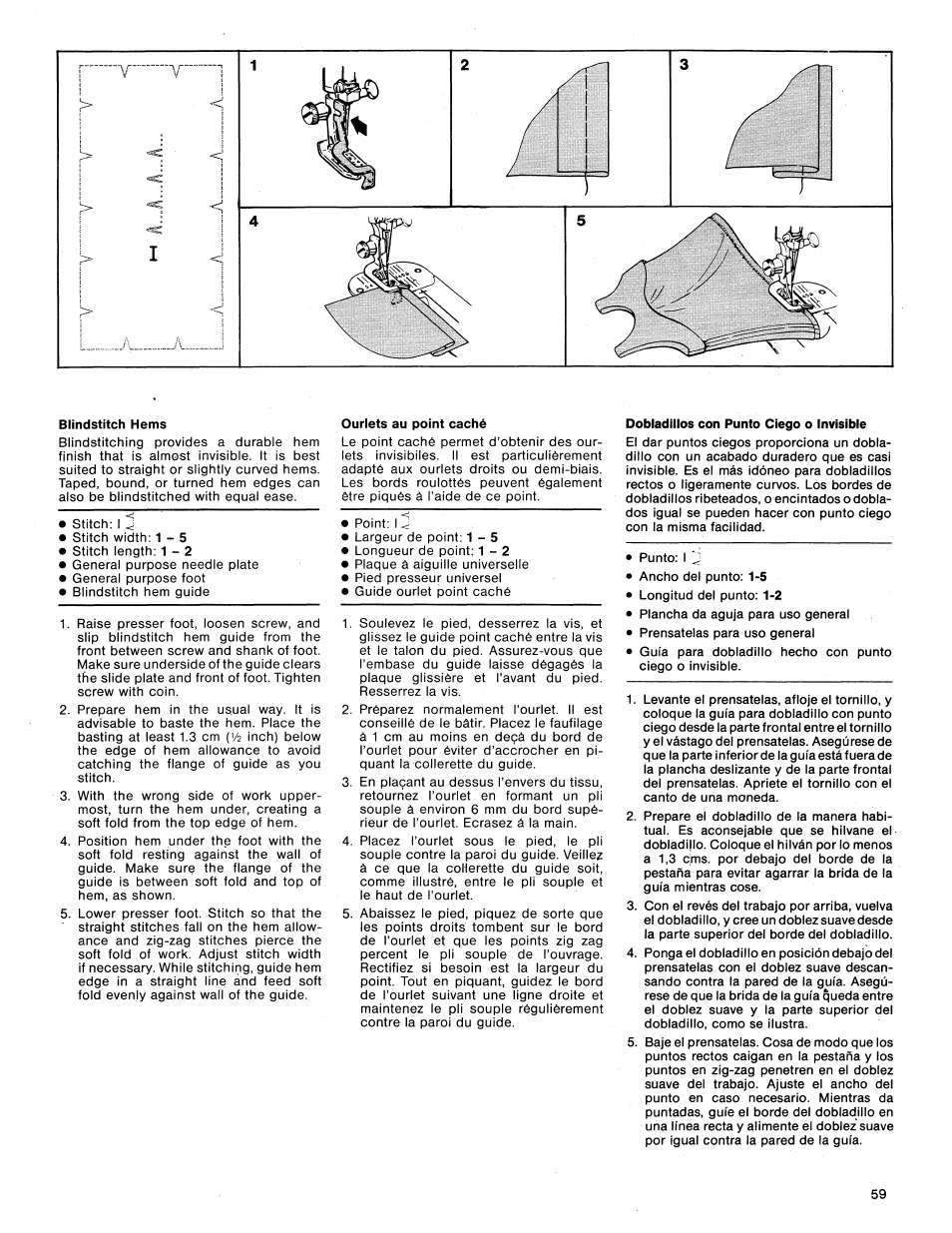 Blindstitch hems, Ourlets au point caché, Dobladillos con punto ciego o invisible | Dobladillos con punto ciego | SINGER 1425 User Manual | Page 60 / 90