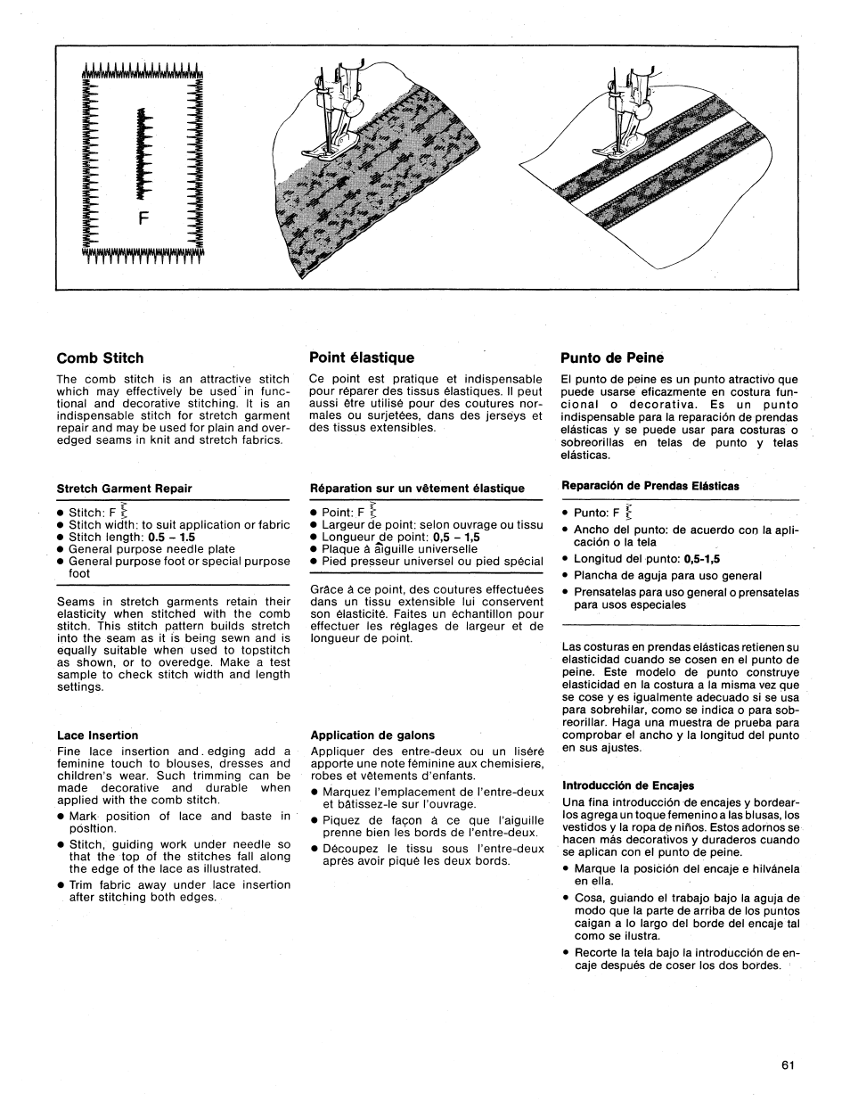 Comb stitch, Point élastique, Punto de peine | Stretch garment repair, Réparation sur un vêtement élastique, Lace insertion | SINGER 1425 User Manual | Page 62 / 90