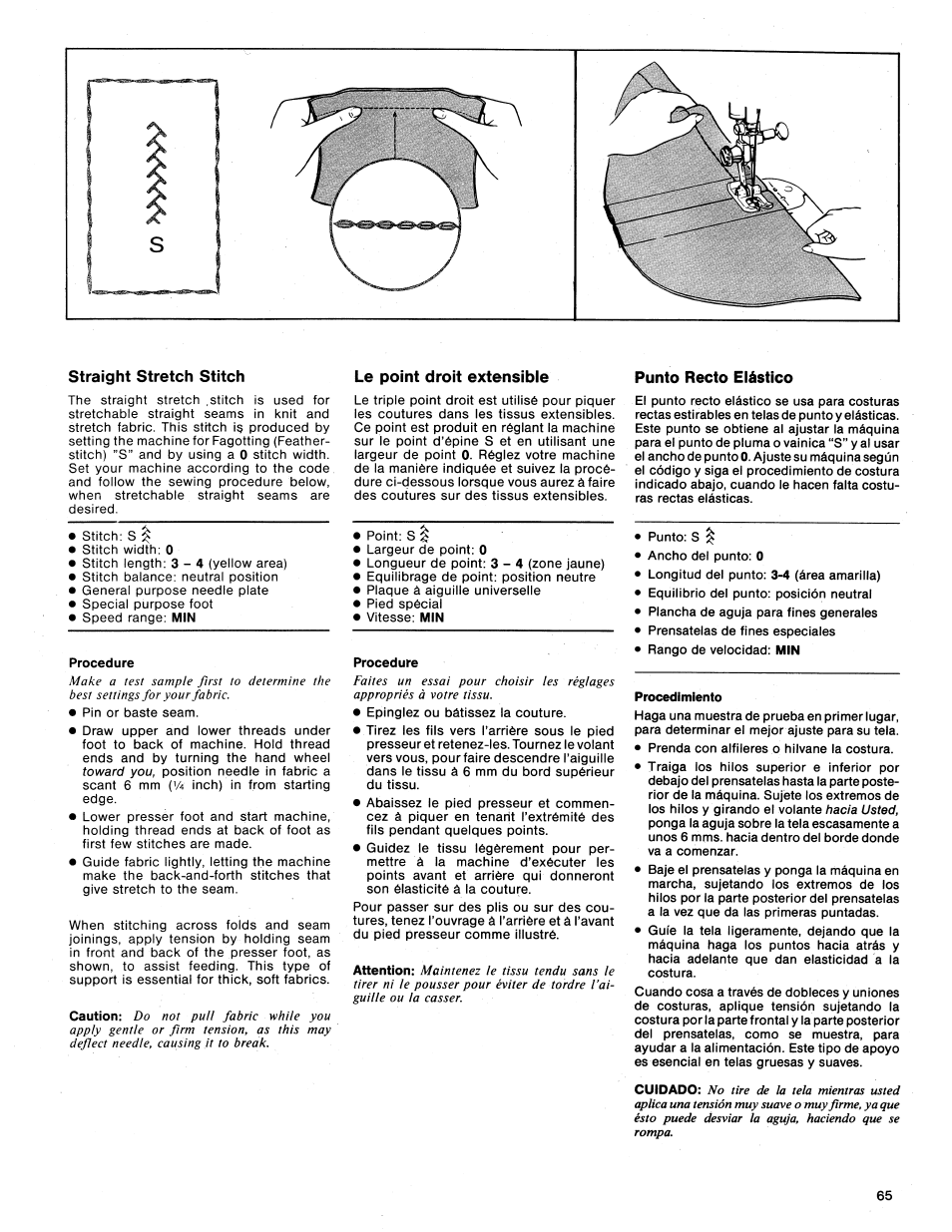 Straight stretch stitch, Procedure, Le point droit extensible | Punto recto elástico, Seams | SINGER 1425 User Manual | Page 66 / 90