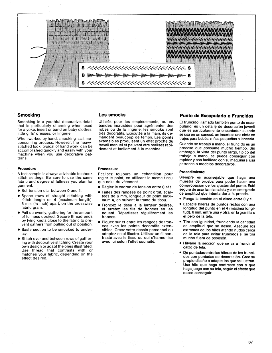 Smocking, Procedure, Les smocks | Processus, Punto de escapulario o fruncidos, Procedimiento | SINGER 1425 User Manual | Page 68 / 90