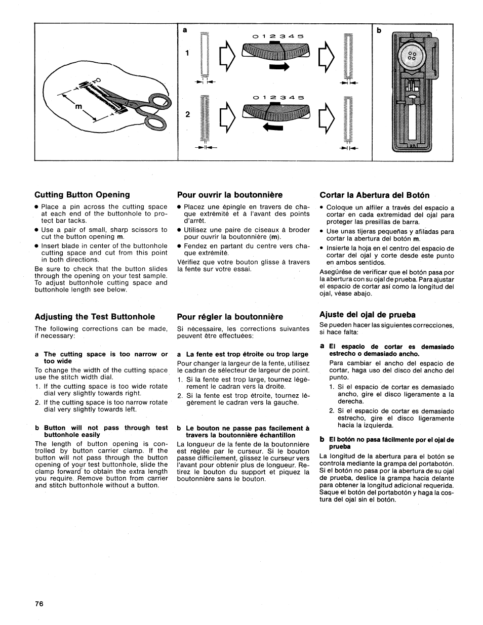 Cutting button opening, Pour ouvrir la boutonnière, Cortar la abertura del botón | Adjusting the test buttonhole, Pour régler la boutonnière, Ajuste del ojal de prueba | SINGER 1425 User Manual | Page 77 / 90