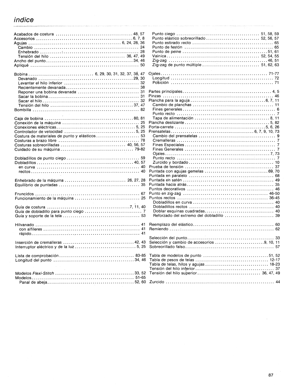 Indice | SINGER 1425 User Manual | Page 88 / 90