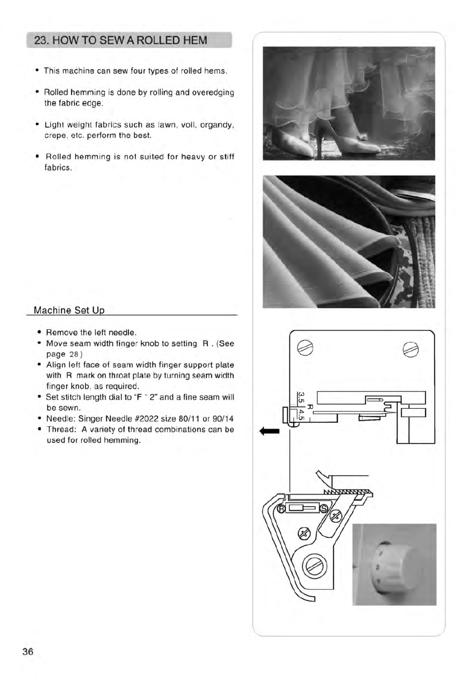 How to sew a rolled hem, Machine set up | SINGER 14ET754 User Manual | Page 38 / 158