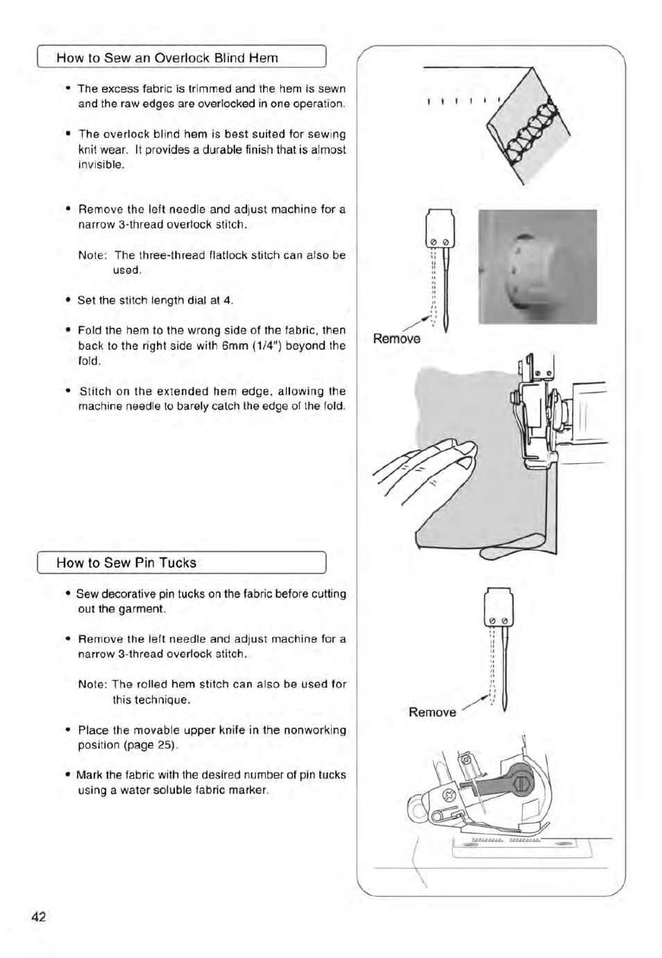 How to sew an overlook blind hem, How to sew pin tucks, Hov/ to sew an overlock blind hem | SINGER 14ET754 User Manual | Page 44 / 158