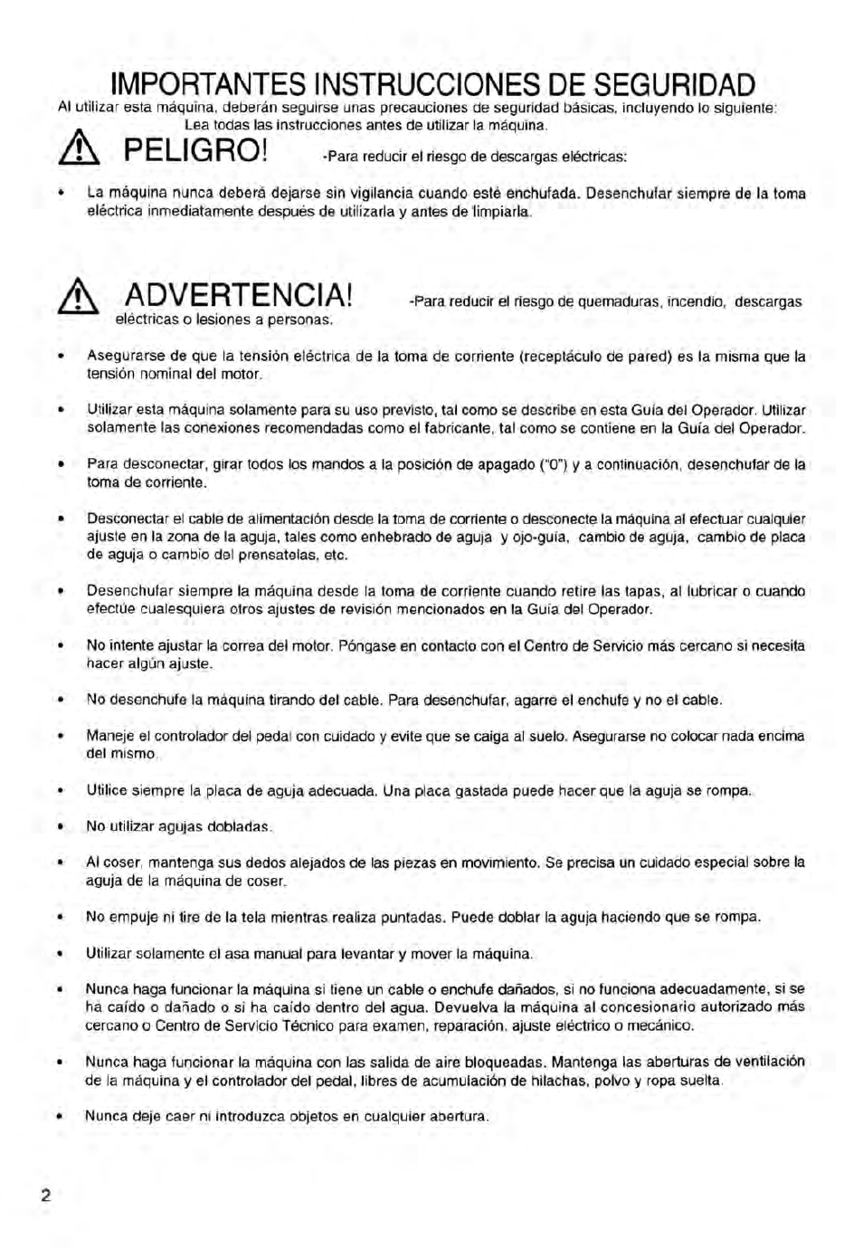 I\ advertencia, Importantes instrucciones de seguridad, Peligro | SINGER 14ET754 User Manual | Page 56 / 158