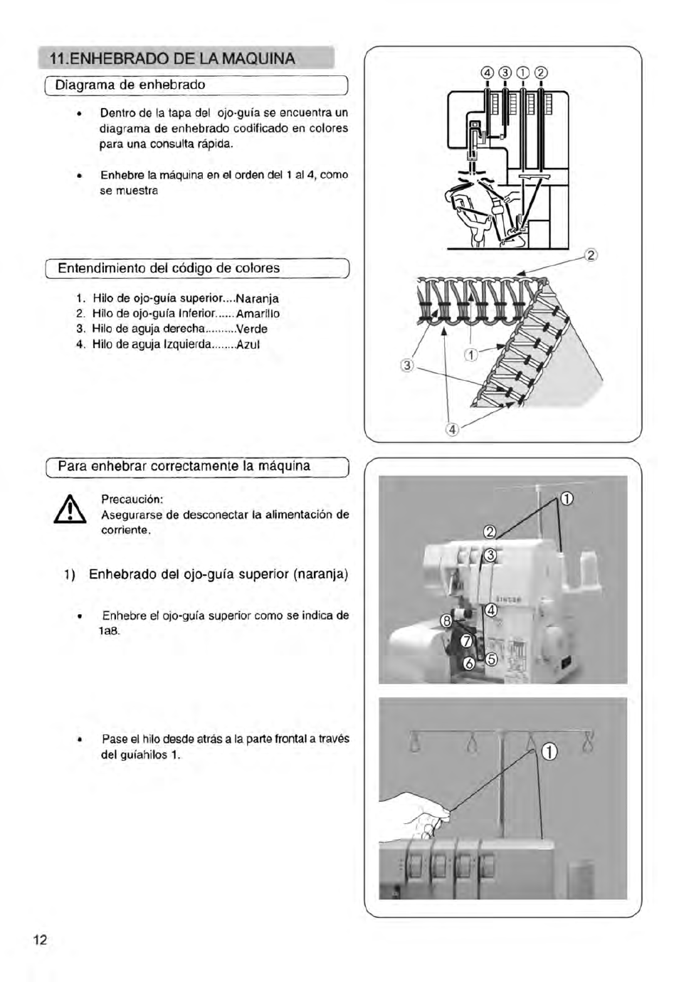 Enhebrad0 de l_a maquina, R~biagrama de enhebrado, Entendimiento del código de colores | Í para enhebrar correctamente la máquina, 1) enhebrado del ojo-guía superior (naranja), Diagrama de enhebrado | SINGER 14ET754 User Manual | Page 66 / 158