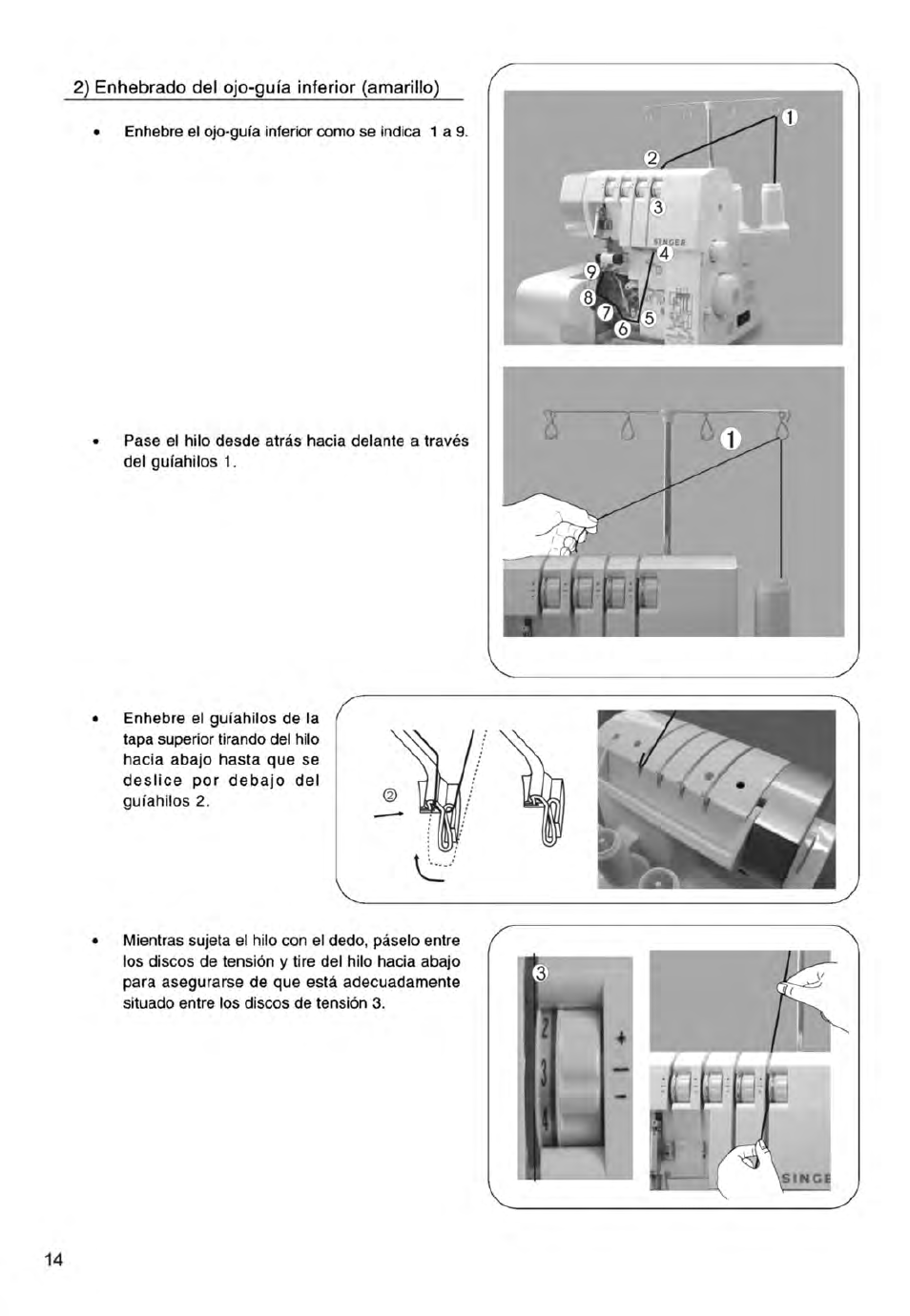 2) enhebrado del ojo-guía inferior (amarillo) | SINGER 14ET754 User Manual | Page 68 / 158