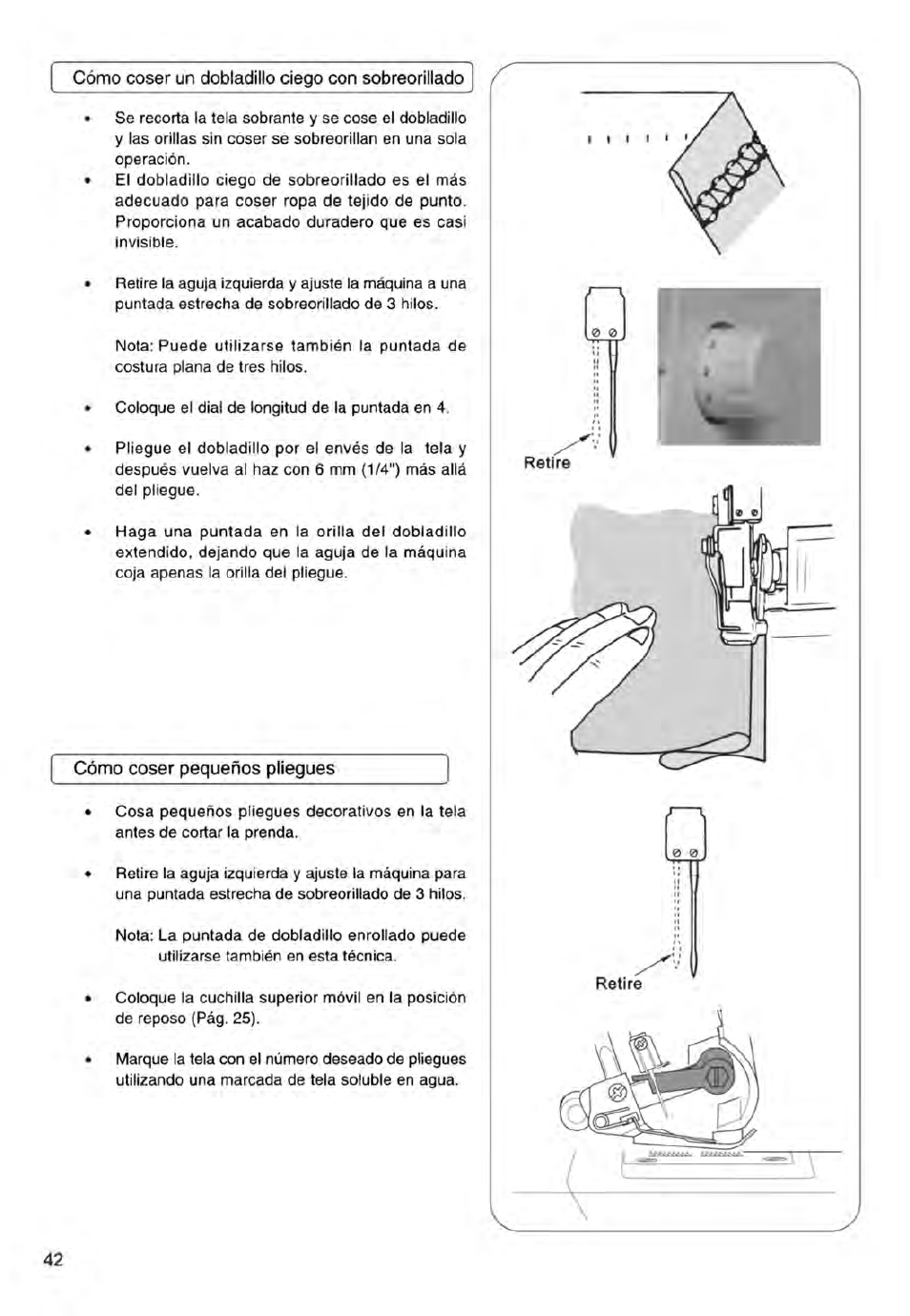 Cómo coser un dobladillo ciego con sobreorillado, Cómo coser pequeños pliegues, Cómo coser un dobladillo enrollado | SINGER 14ET754 User Manual | Page 96 / 158