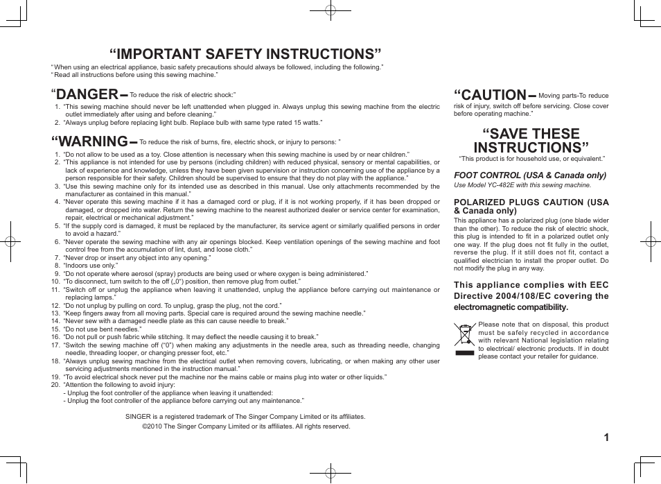 14j250_2, 14j250, Caution | Save these instructions, Important safety instructions, Danger, Warning | SINGER 14J250 Stylist Serger User Manual | Page 2 / 67
