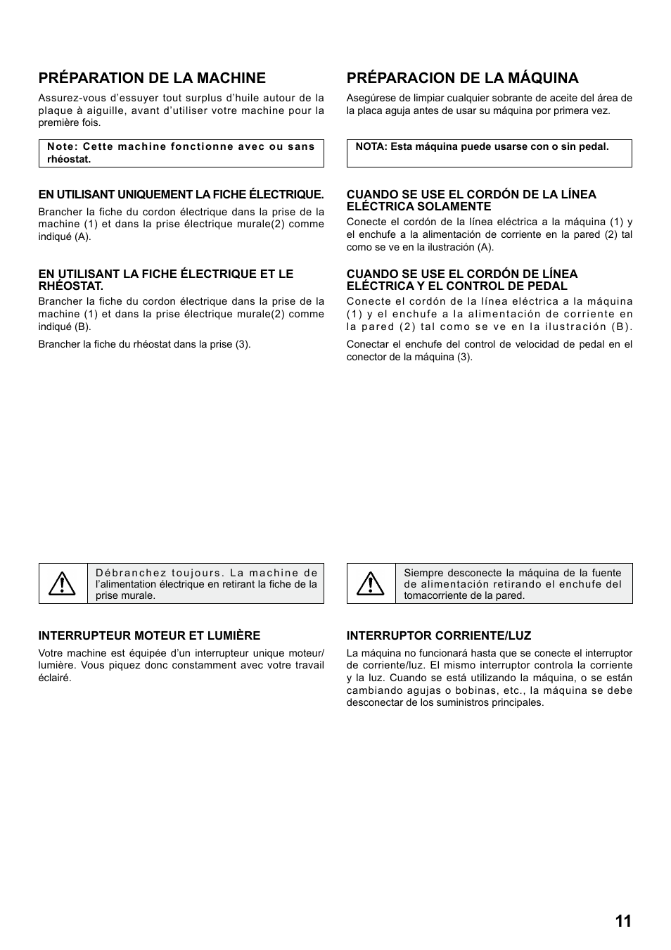 Préparation de la machine, Préparacion de la máquina | SINGER 7258 STYLIST Instruction Manual User Manual | Page 11 / 84