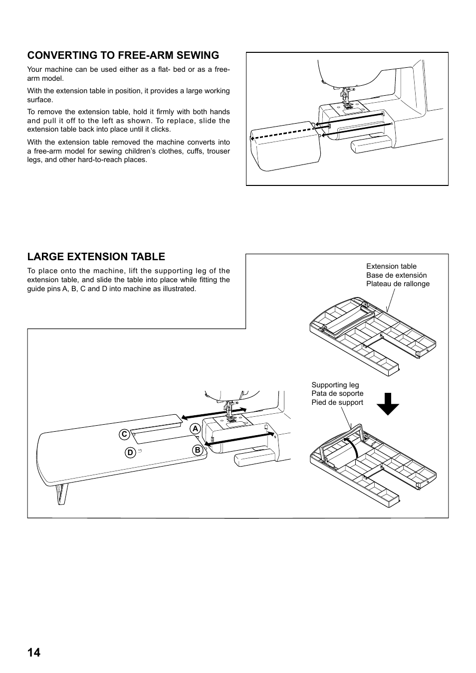 Converting to free-arm sewing, Large extension table | SINGER 7258 STYLIST Instruction Manual User Manual | Page 14 / 84