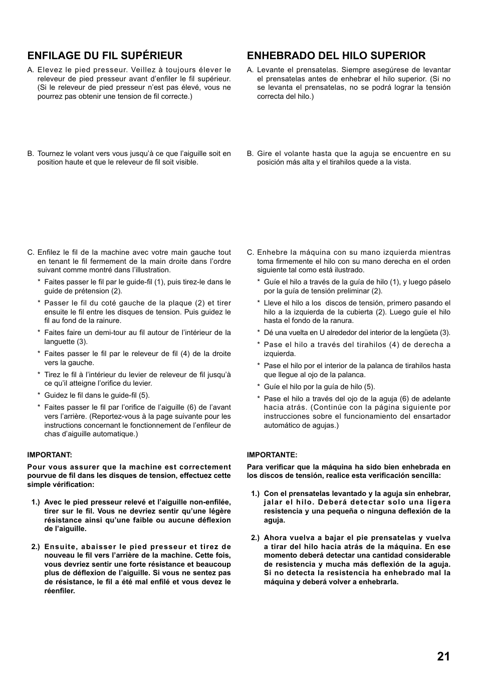 Enfilage du fil supérieur, Enhebrado del hilo superior | SINGER 7258 STYLIST Instruction Manual User Manual | Page 21 / 84
