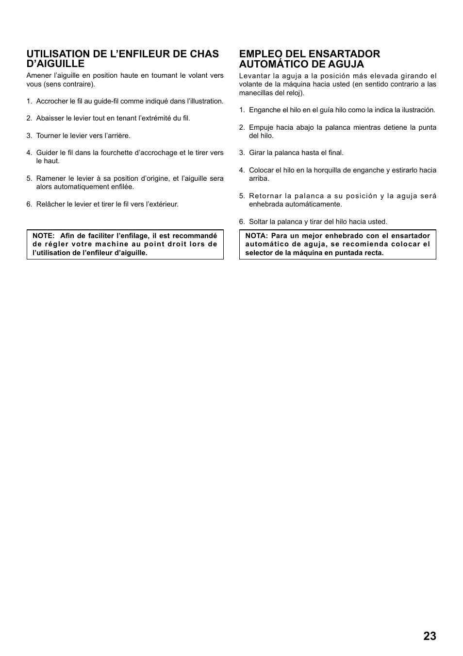 Utilisation de l’enfileur de chas d’aiguille, Empleo del ensartador automático de aguja | SINGER 7258 STYLIST Instruction Manual User Manual | Page 23 / 84
