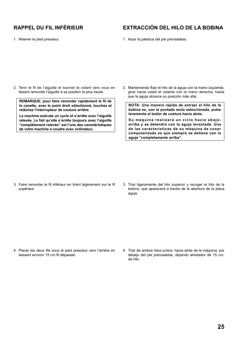 Rappel du fil inférieur, Extracción del hilo de la bobina | SINGER 7258 STYLIST Instruction Manual User Manual | Page 25 / 84
