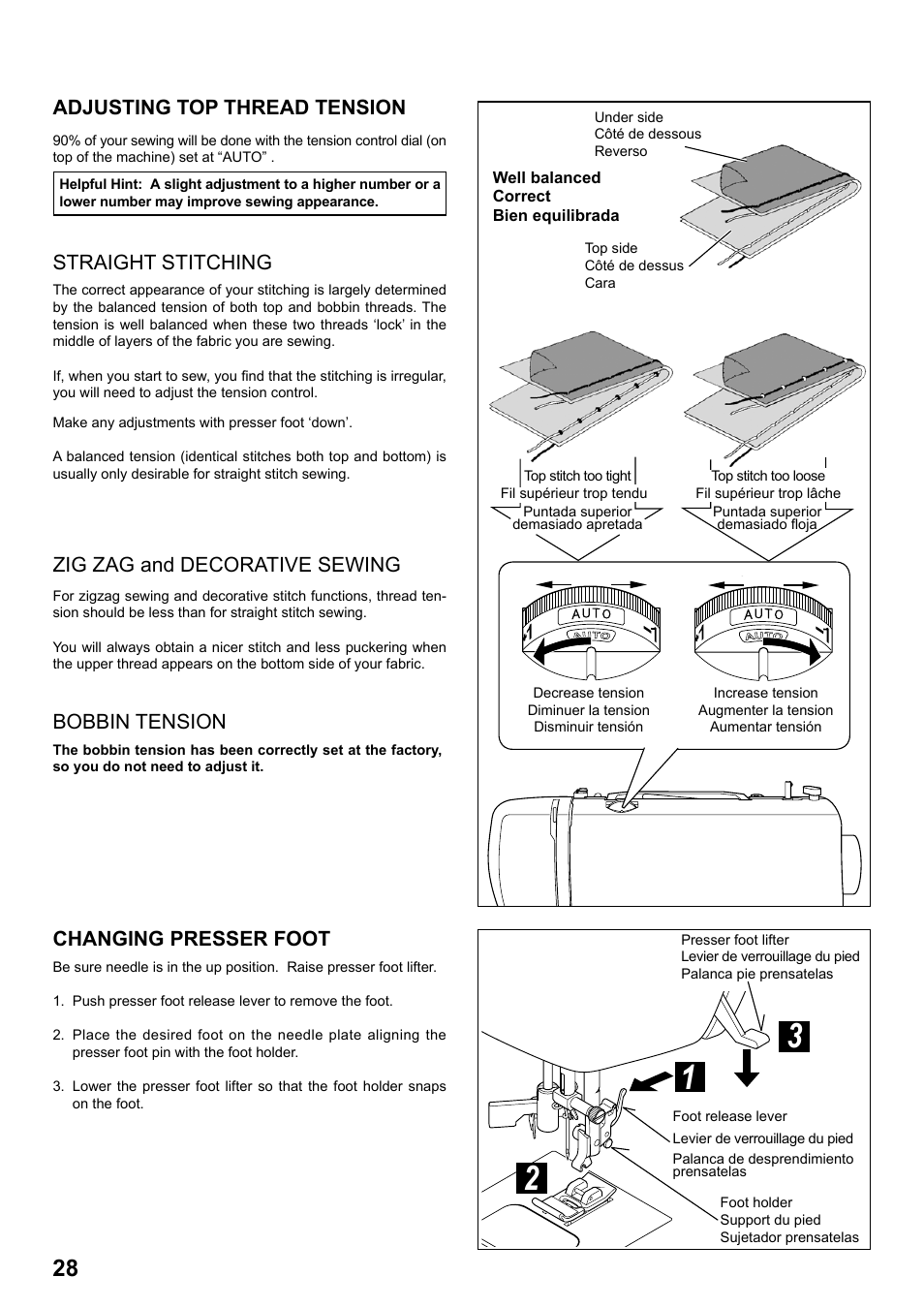 Adjusting top thread tension straight stitching, Bobbin tension, Zig zag and decorative sewing | Changing presser foot | SINGER 7258 STYLIST Instruction Manual User Manual | Page 28 / 84