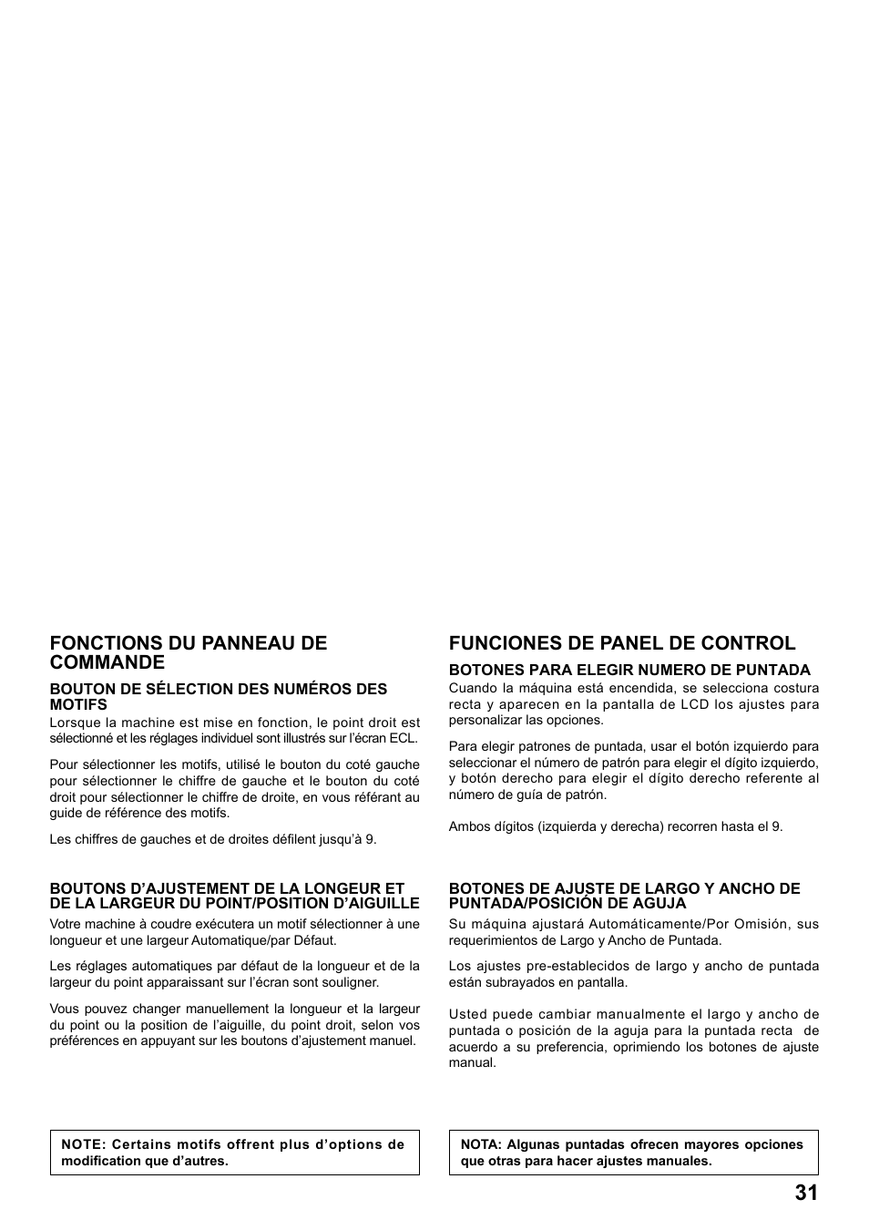 Fonctions du panneau de commande, Funciones de panel de control | SINGER 7258 STYLIST Instruction Manual User Manual | Page 31 / 84