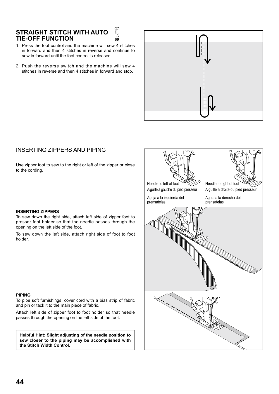Straight stitch with auto tie-off function, Inserting zippers and piping | SINGER 7258 STYLIST Instruction Manual User Manual | Page 44 / 84