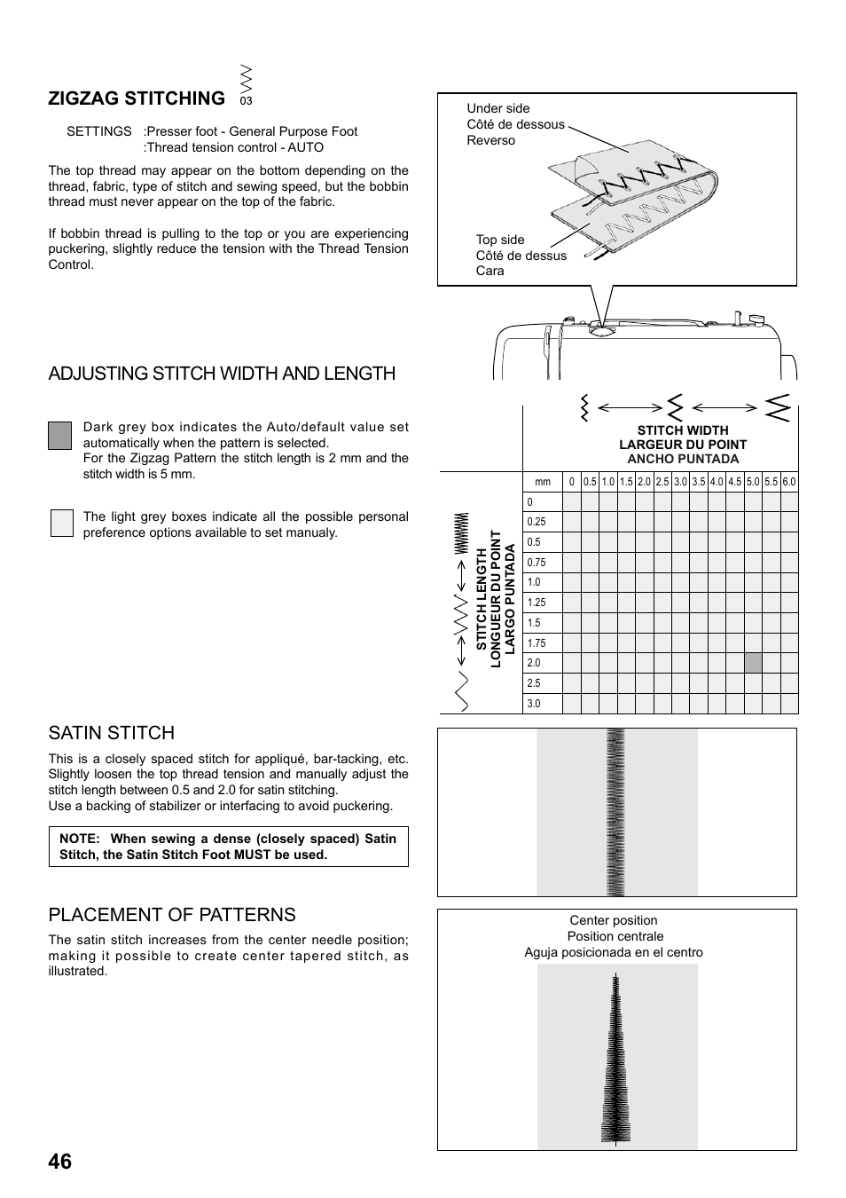 Zigzag stitching, Satin stitch | SINGER 7258 STYLIST Instruction Manual User Manual | Page 46 / 84