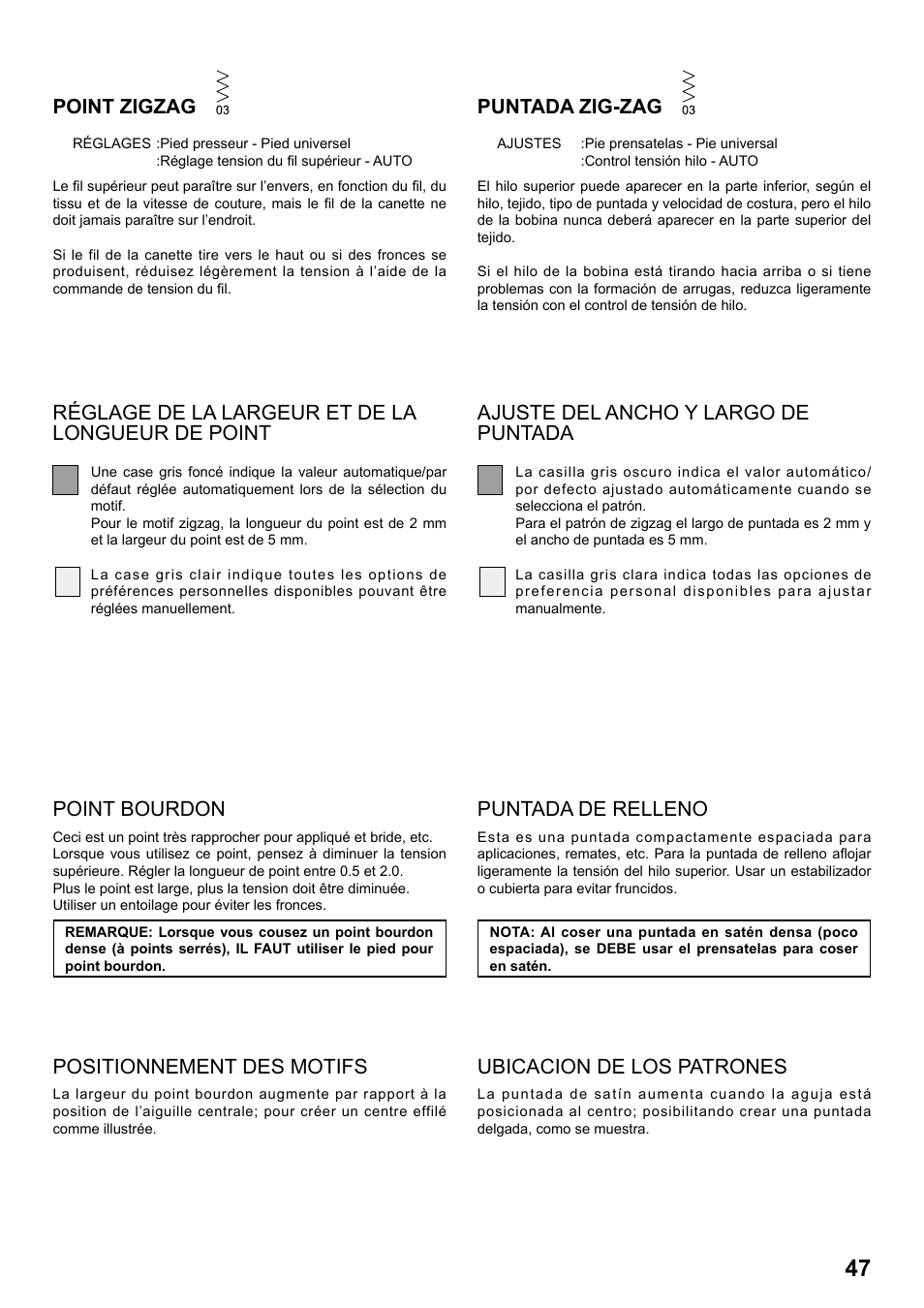 Point bourdon, Puntada de relleno, Point zigzag | Puntada zig-zag | SINGER 7258 STYLIST Instruction Manual User Manual | Page 47 / 84