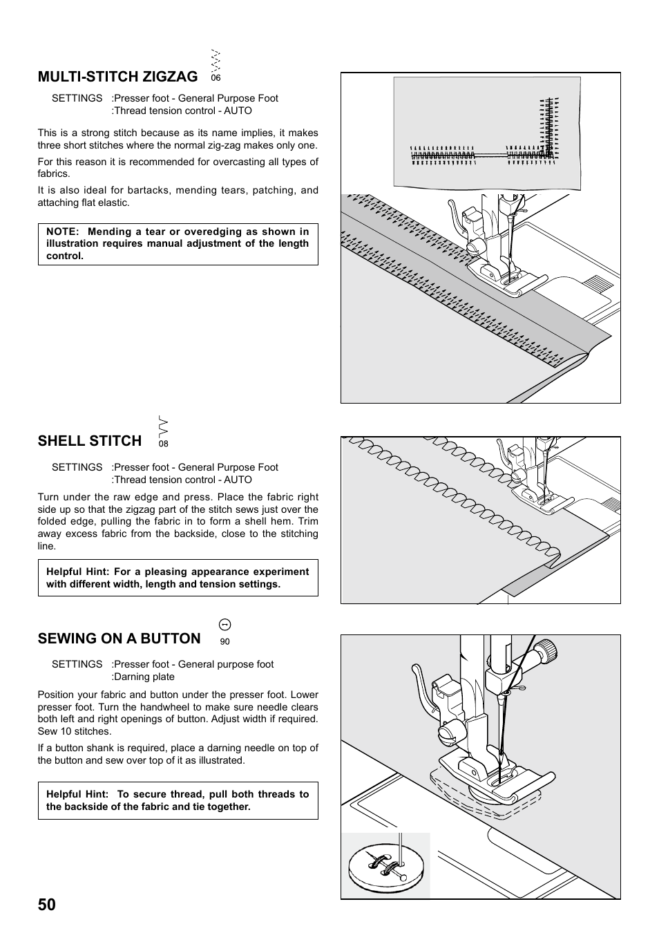 Multi-stitch zigzag, Shell stitch, Sewing on a button | SINGER 7258 STYLIST Instruction Manual User Manual | Page 50 / 84