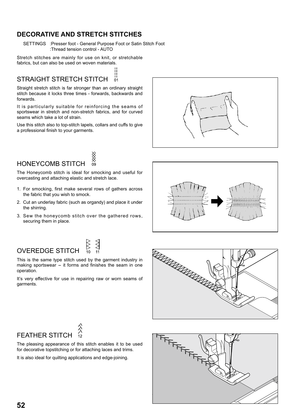 7258-p52-84, Decorative and stretch stitches, Straight stretch stitch | Honeycomb stitch, Overedge stitch, Feather stitch | SINGER 7258 STYLIST Instruction Manual User Manual | Page 52 / 84
