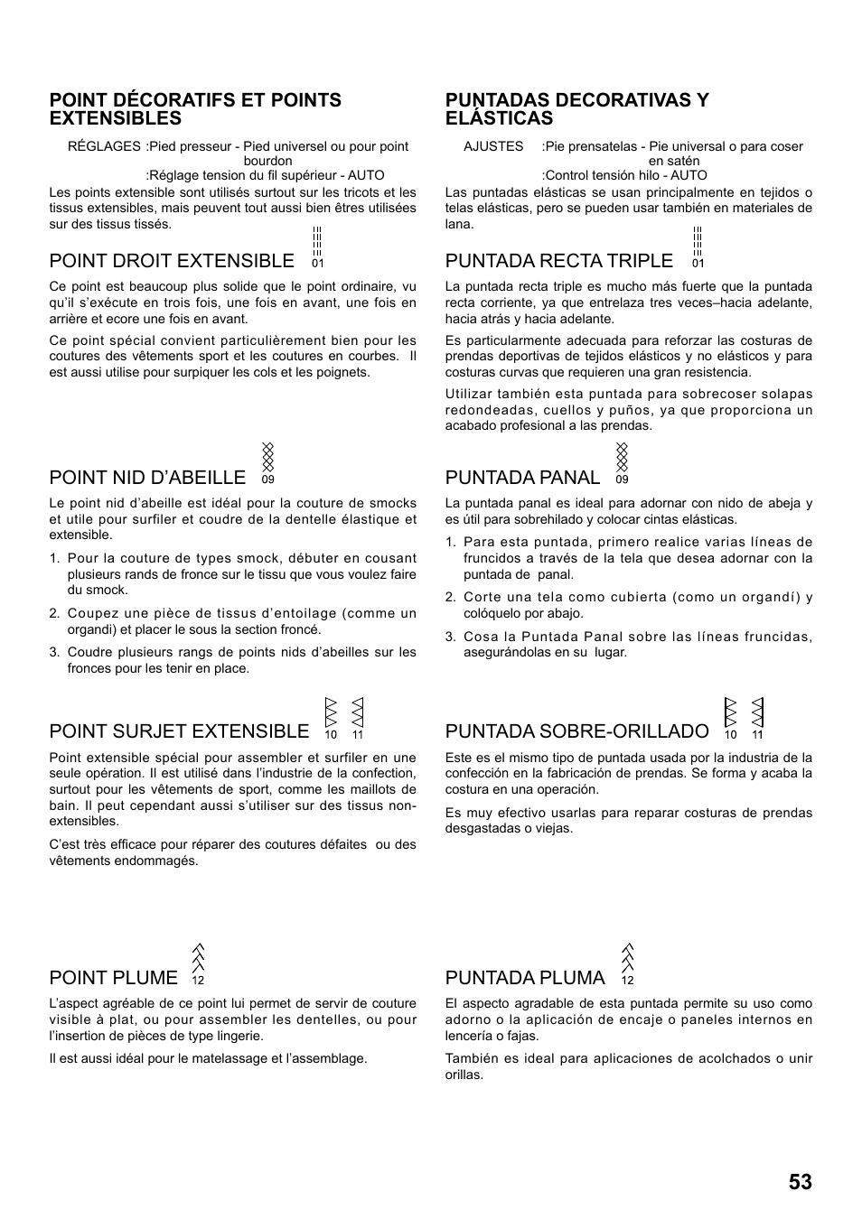 Point décoratifs et points extensibles, Point droit extensible, Puntadas decorativas y elásticas | Puntada recta triple, Point nid d’abeille, Puntada panal, Point surjet extensible, Puntada sobre-orillado, Point plume, Puntada pluma | SINGER 7258 STYLIST Instruction Manual User Manual | Page 53 / 84