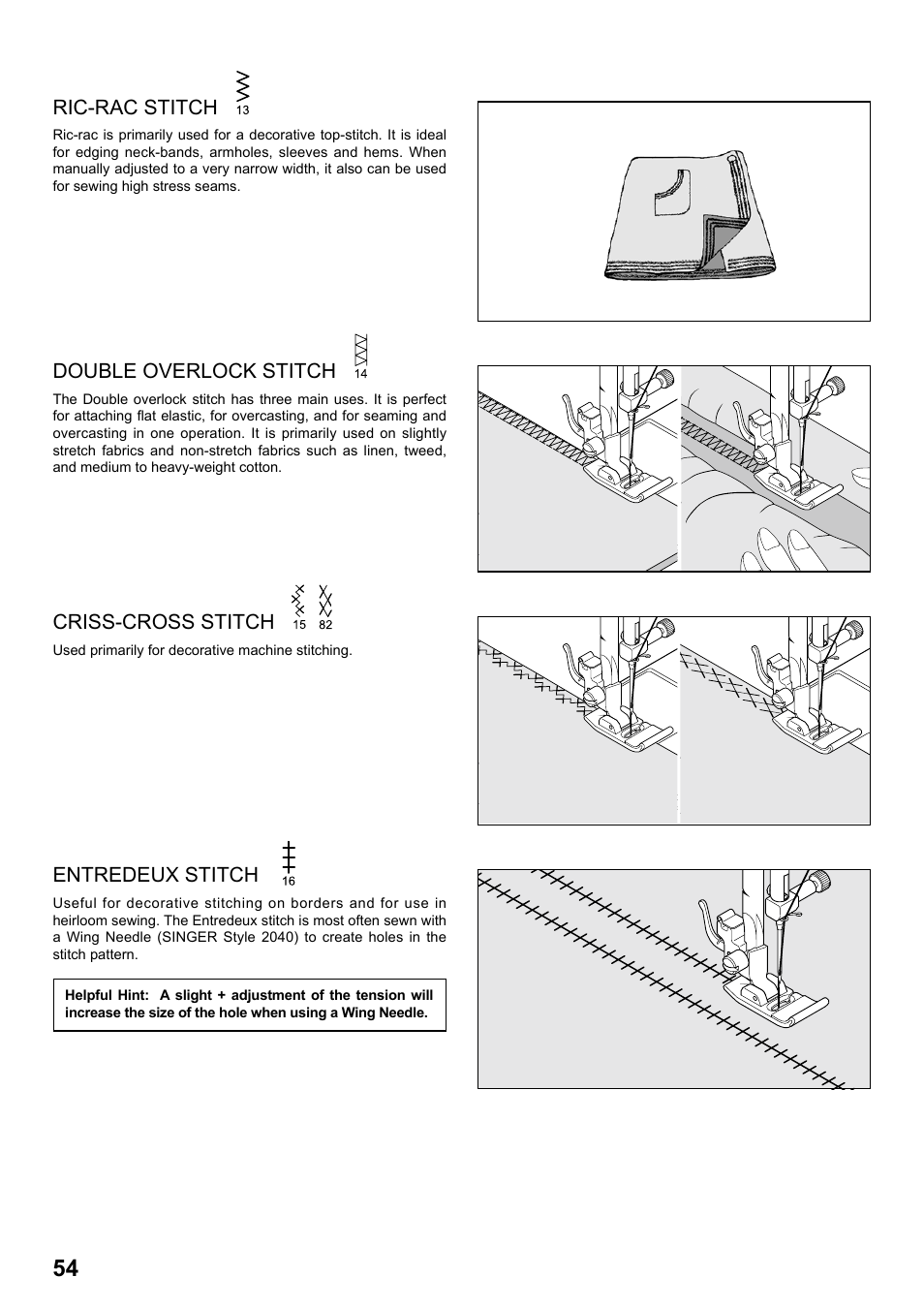 Ric-rac stitch, Double overlock stitch, Entredeux stitch | Criss-cross stitch | SINGER 7258 STYLIST Instruction Manual User Manual | Page 54 / 84