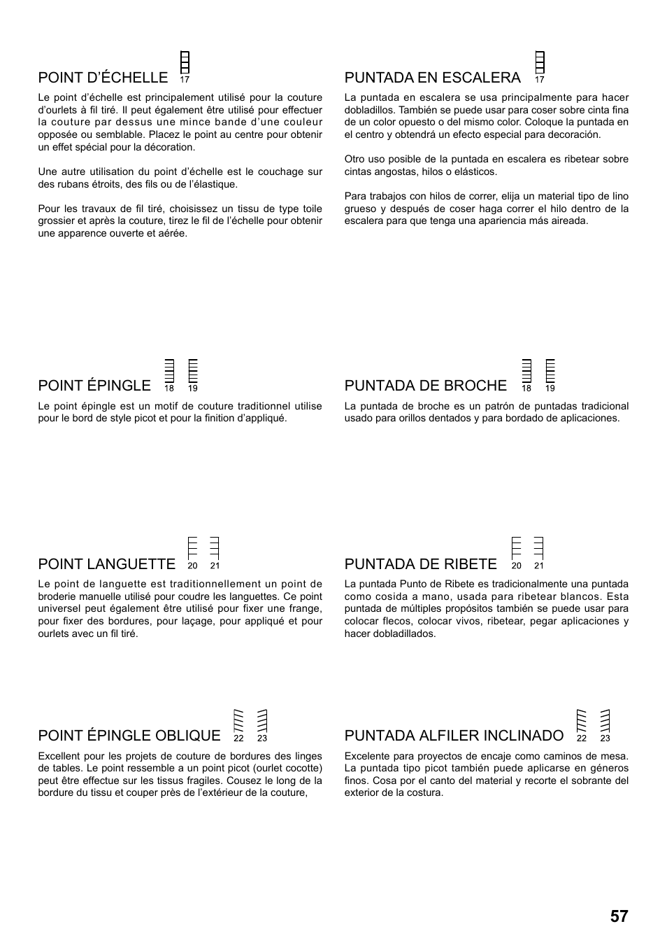 Point d’échelle, Point épingle, Point languette | Point épingle oblique, Puntada en escalera, Puntada de broche, Puntada de ribete, Puntada alfiler inclinado | SINGER 7258 STYLIST Instruction Manual User Manual | Page 57 / 84