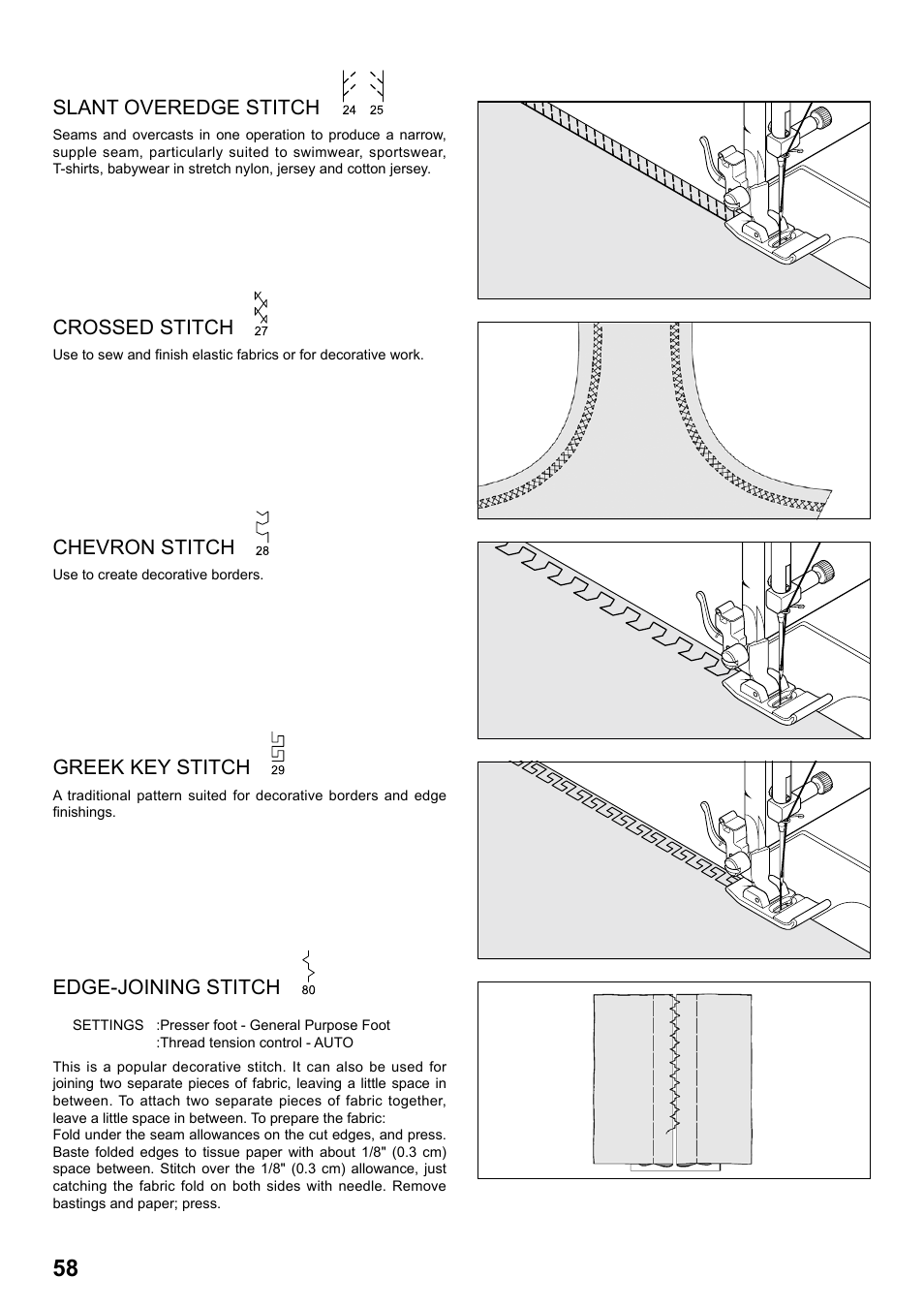 Slant overedge stitch, Crossed stitch, Chevron stitch | Greek key stitch, Edge-joining stitch | SINGER 7258 STYLIST Instruction Manual User Manual | Page 58 / 84