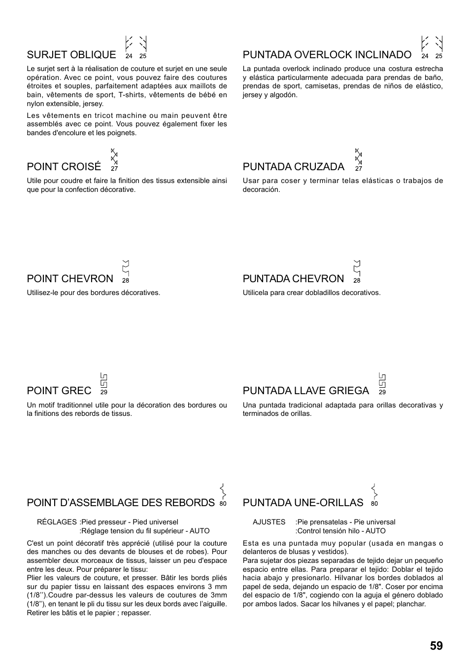 Surjet oblique, Point croisé, Point chevron | Point grec, Puntada overlock inclinado, Puntada cruzada, Puntada chevron, Puntada llave griega, Point d’assemblage des rebords, Puntada une-orillas | SINGER 7258 STYLIST Instruction Manual User Manual | Page 59 / 84