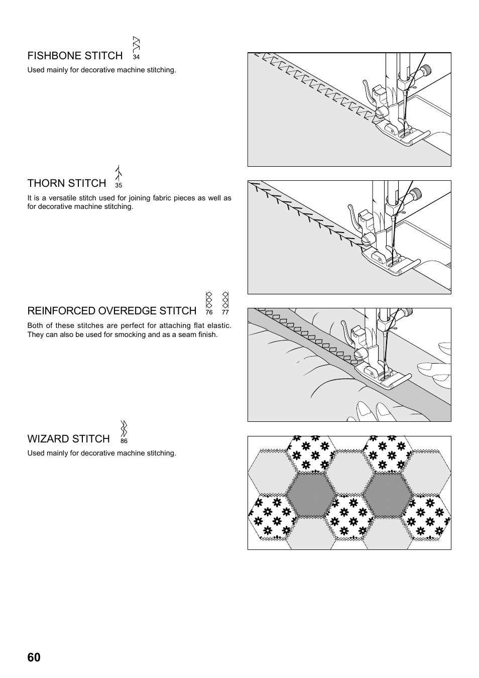 Fishbone stitch, Thorn stitch, Reinforced overedge stitch | Wizard stitch | SINGER 7258 STYLIST Instruction Manual User Manual | Page 60 / 84