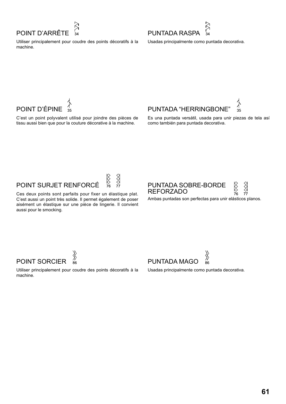 Point d’arrête, Point d’épine, Point surjet renforcé | Point sorcier, Puntada raspa, Puntada “herringbone, Puntada sobre-borde reforzado, Puntada mago | SINGER 7258 STYLIST Instruction Manual User Manual | Page 61 / 84