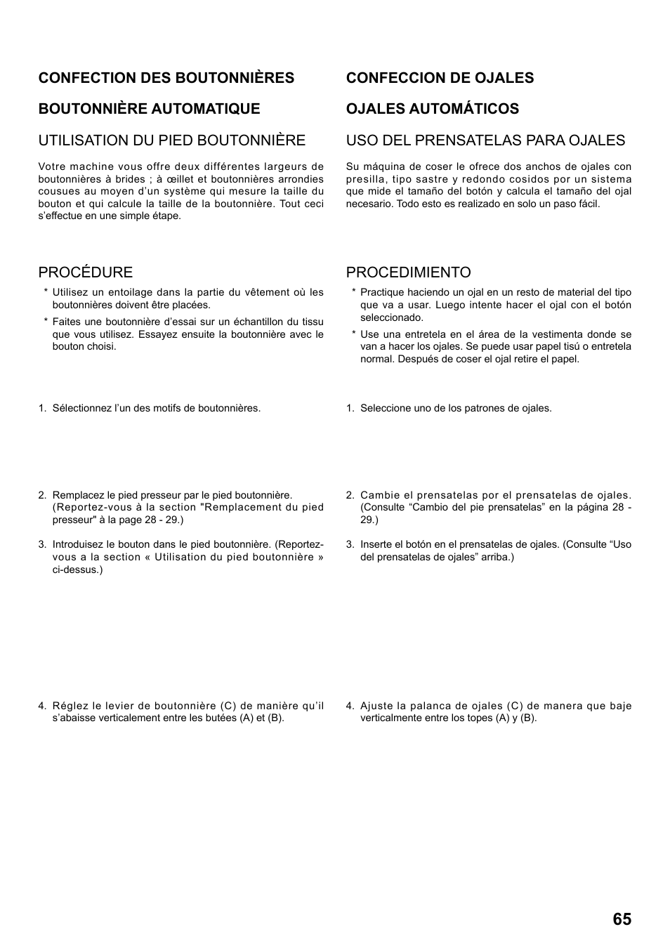 Procedimiento, Procédure | SINGER 7258 STYLIST Instruction Manual User Manual | Page 65 / 84