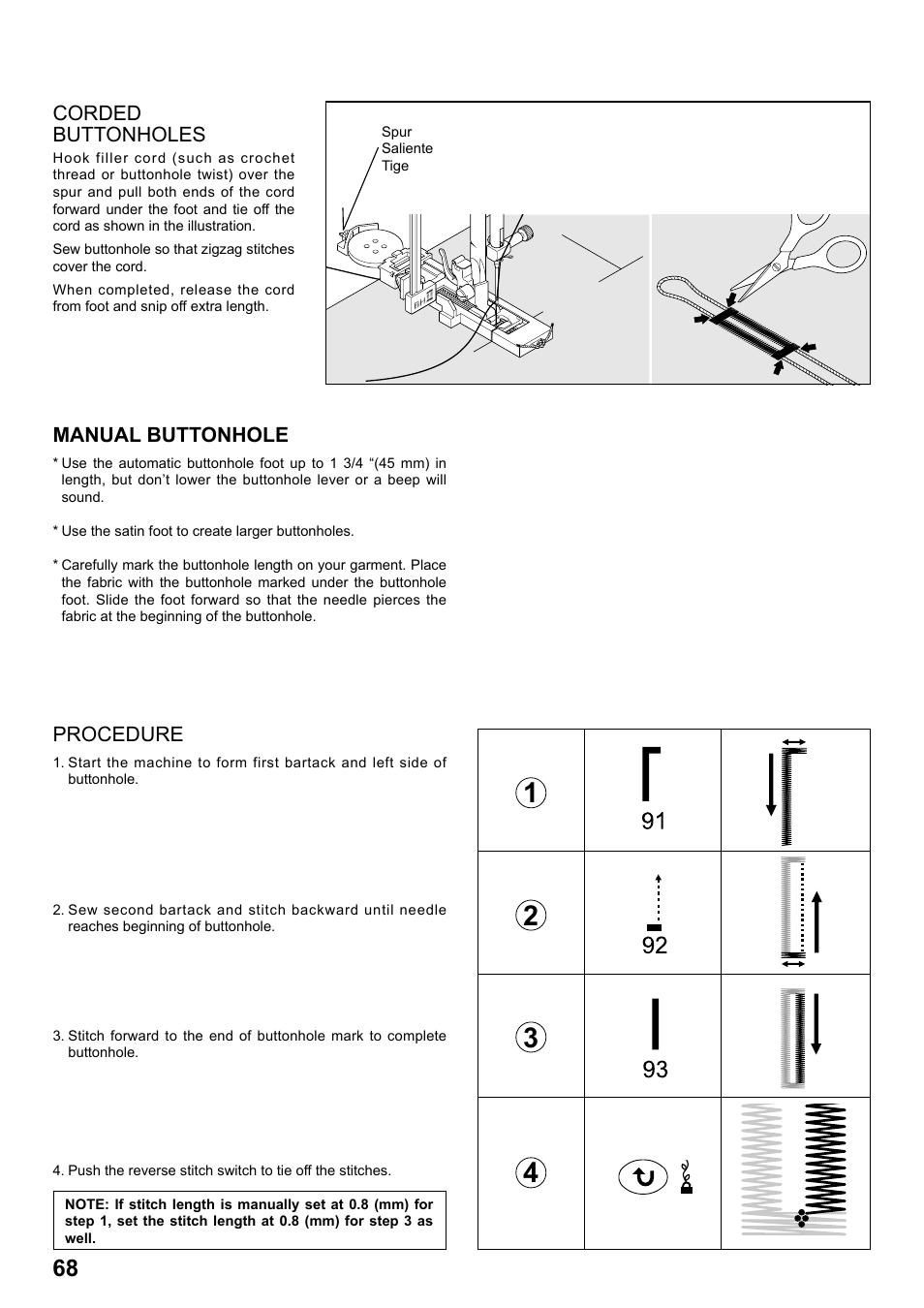Corded buttonholes, Manual buttonhole, Procedure | SINGER 7258 STYLIST Instruction Manual User Manual | Page 68 / 84