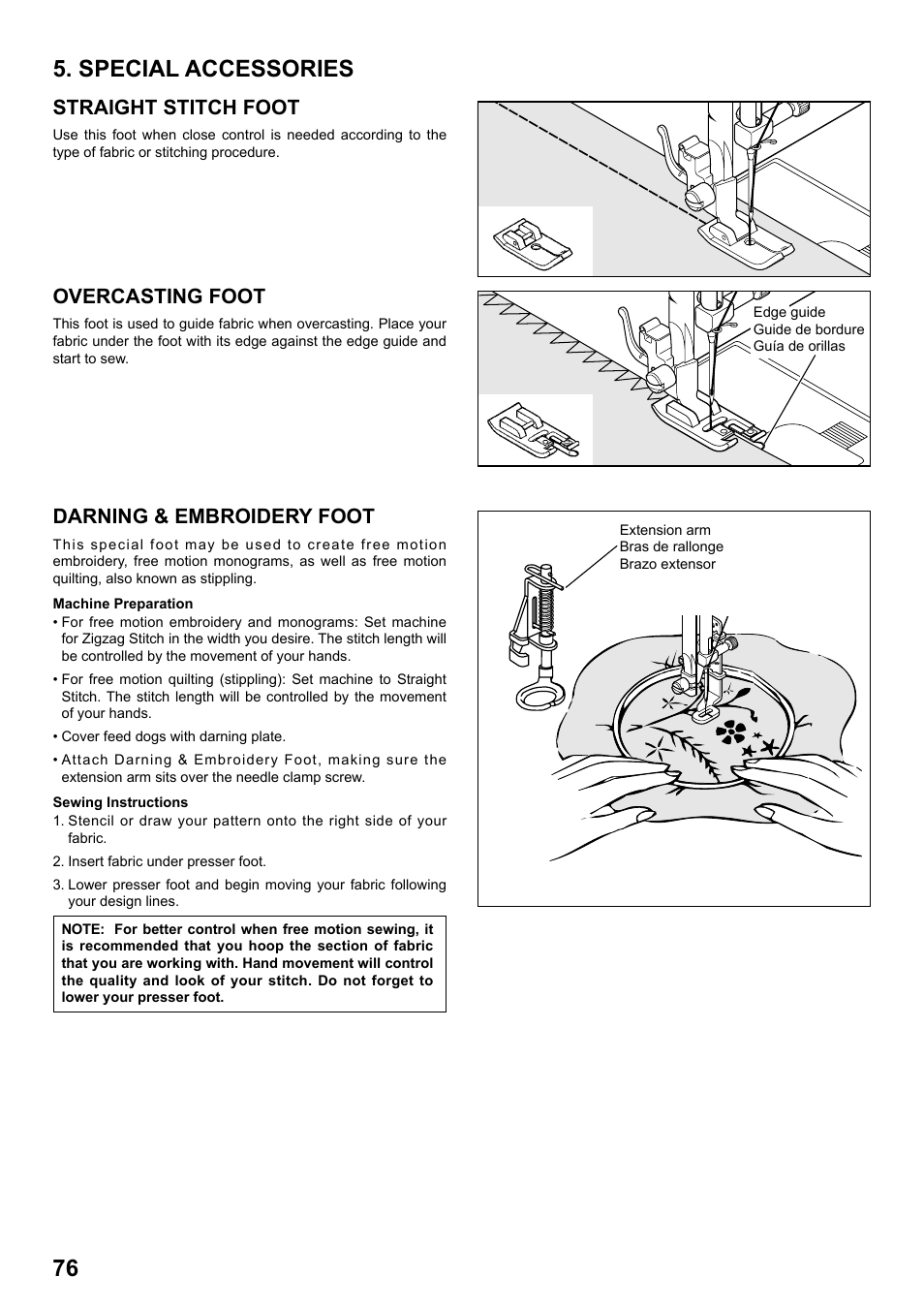 Special accessories, Straight stitch foot, Overcasting foot | Darning & embroidery foot | SINGER 7258 STYLIST Instruction Manual User Manual | Page 76 / 84