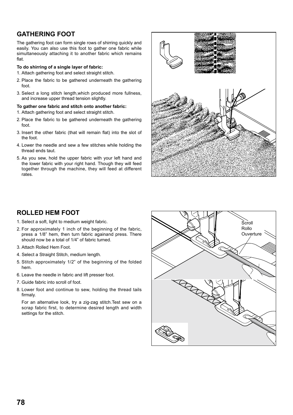Gathering foot, Rolled hem foot | SINGER 7258 STYLIST Instruction Manual User Manual | Page 78 / 84