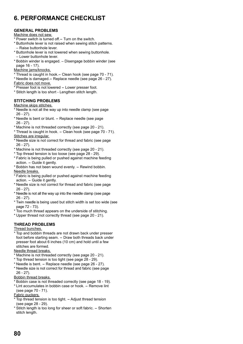 Performance checklist | SINGER 7258 STYLIST Instruction Manual User Manual | Page 80 / 84