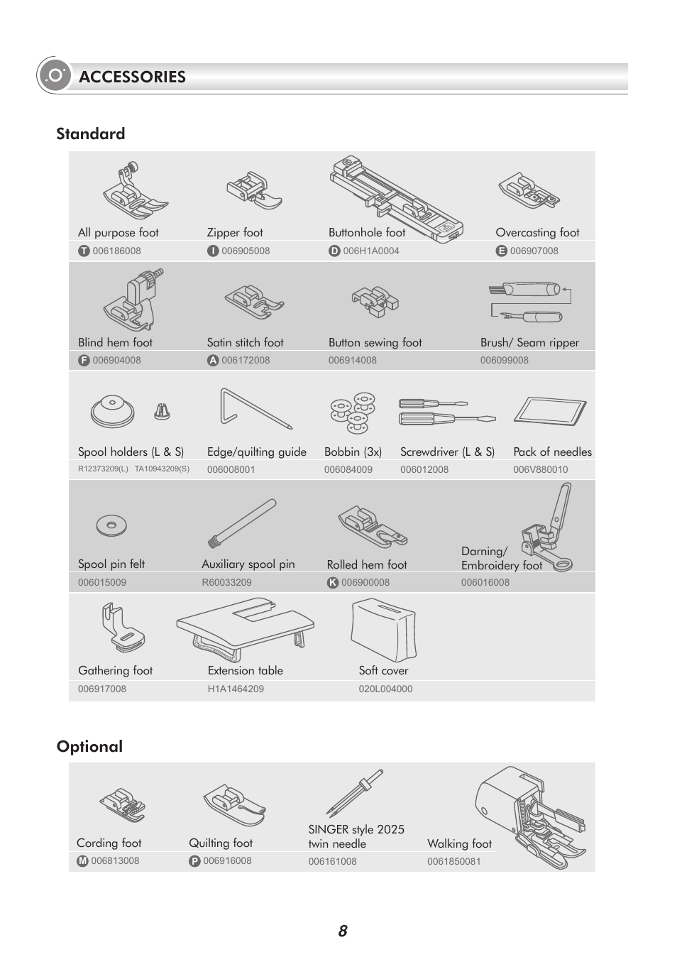 Standard accessories, Optional | SINGER 9100 User Manual | Page 13 / 84