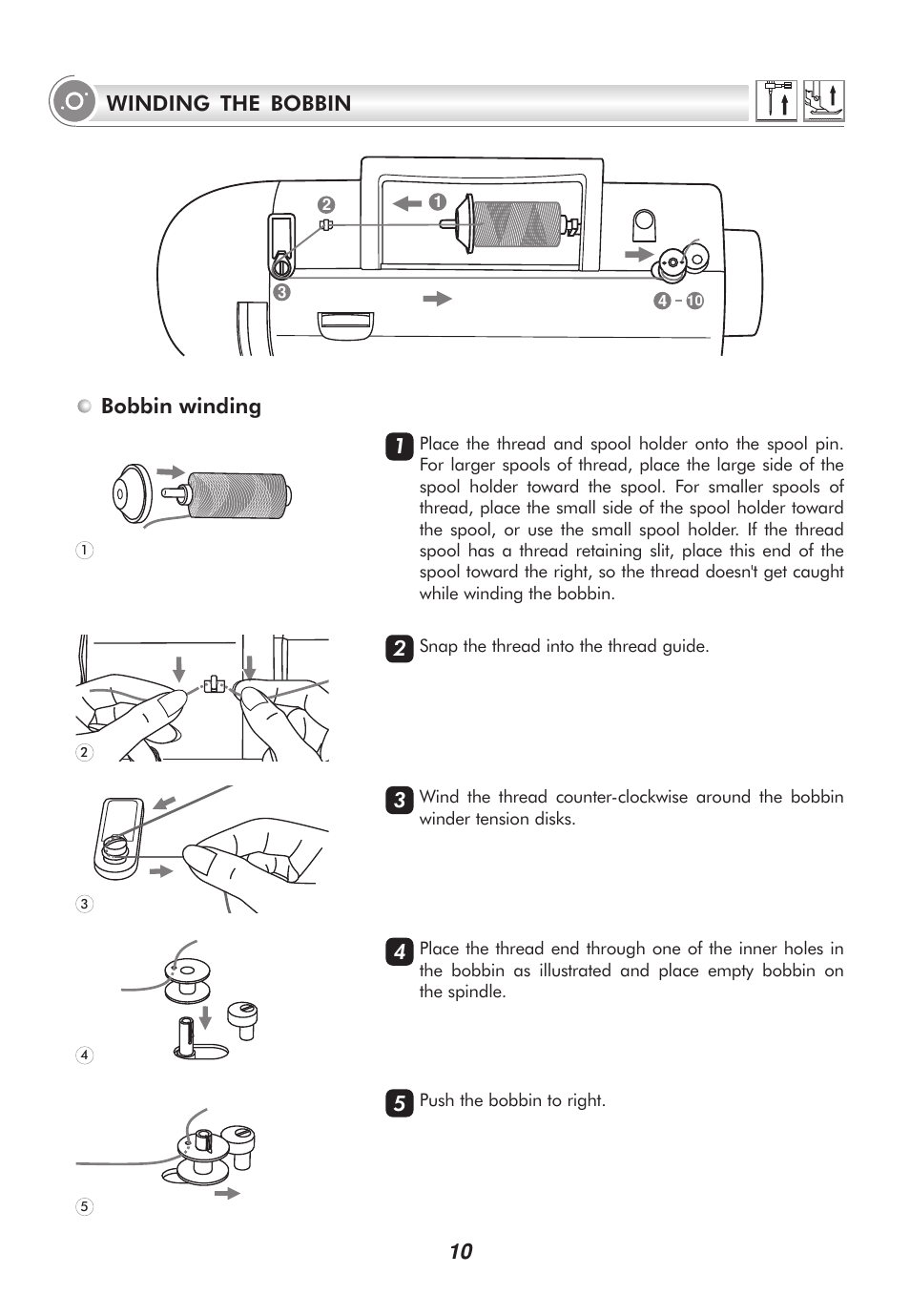 10 bobbin winding winding the bobbin | SINGER 9100 User Manual | Page 15 / 84