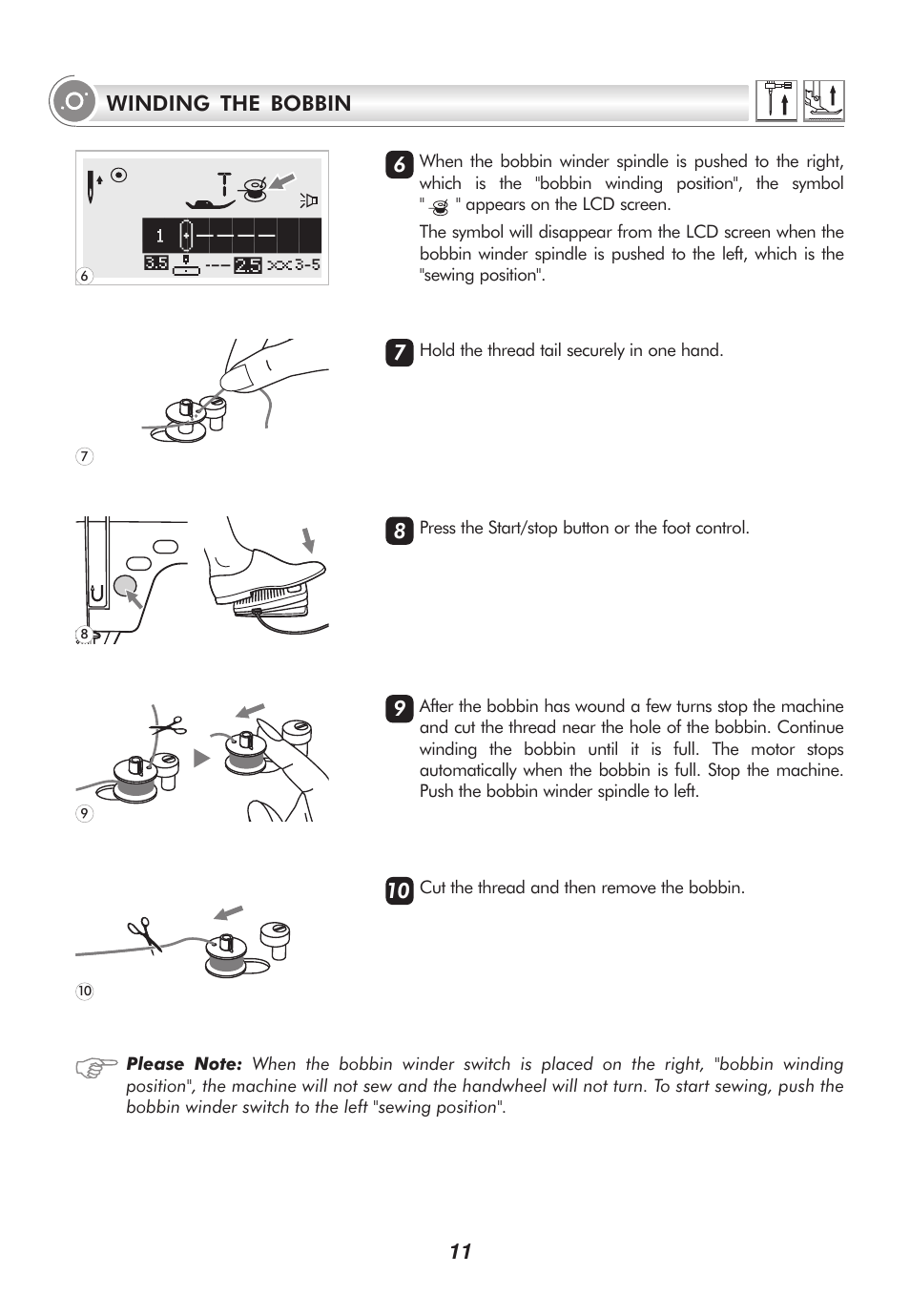 11 winding the bobbin | SINGER 9100 User Manual | Page 16 / 84