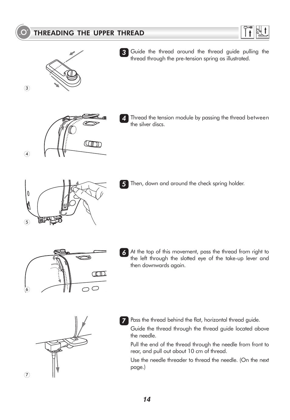14 threading the upper thread | SINGER 9100 User Manual | Page 19 / 84