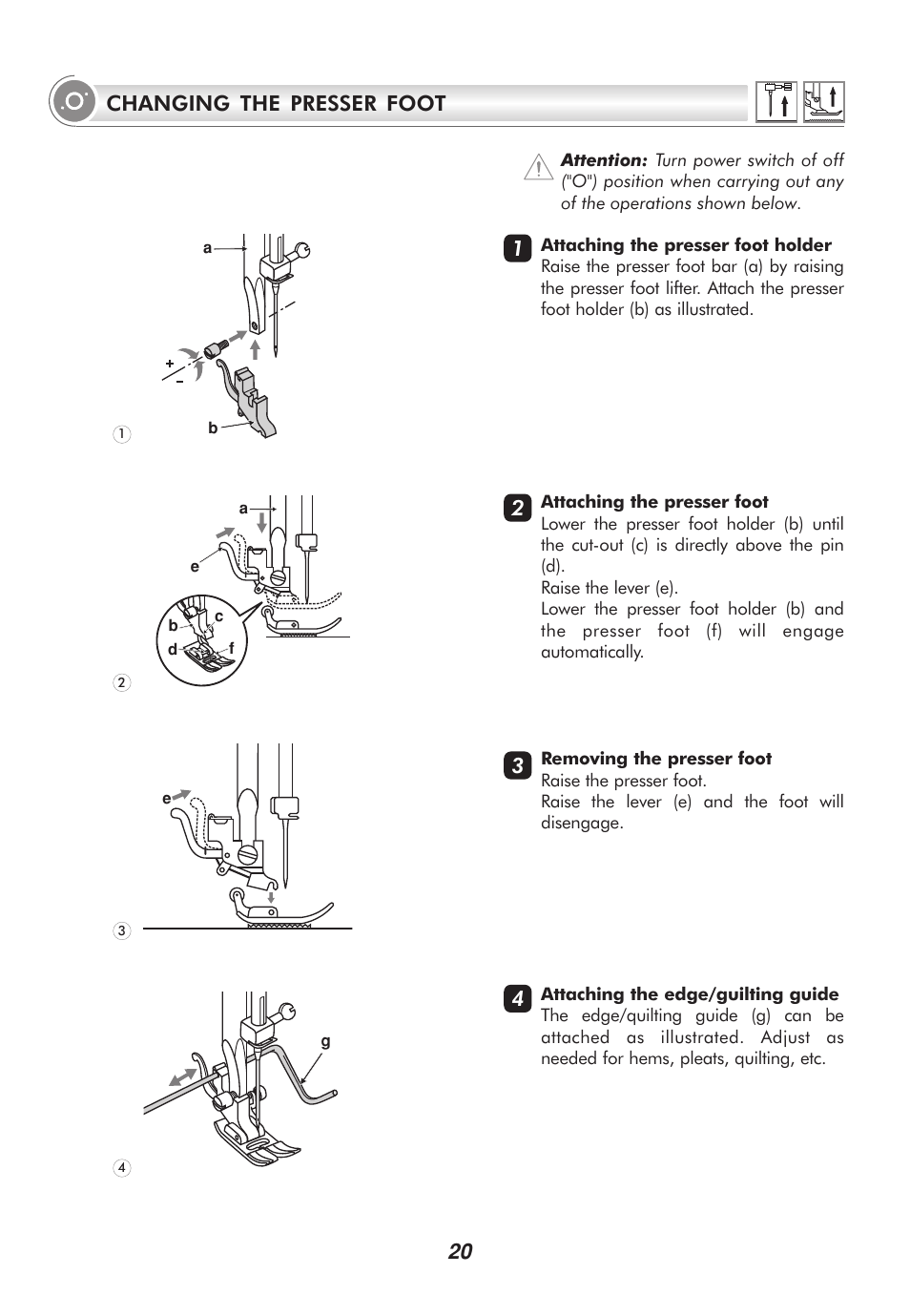 20 changing the presser foot | SINGER 9100 User Manual | Page 25 / 84