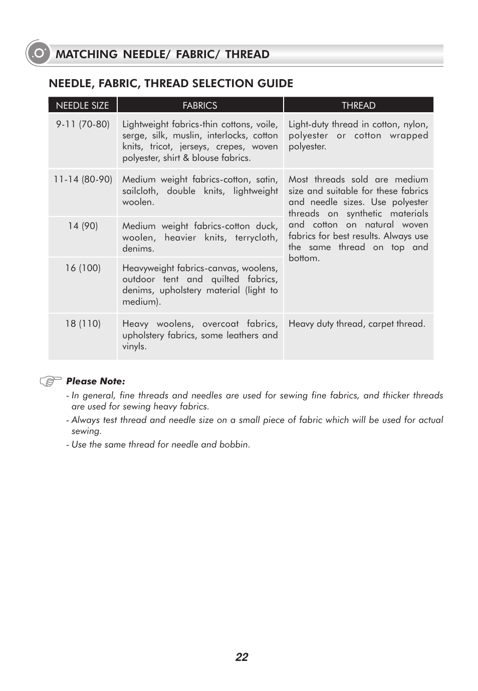 Needle, fabric, thread selection guide, Matching needle/ fabric/ thread 22 | SINGER 9100 User Manual | Page 27 / 84