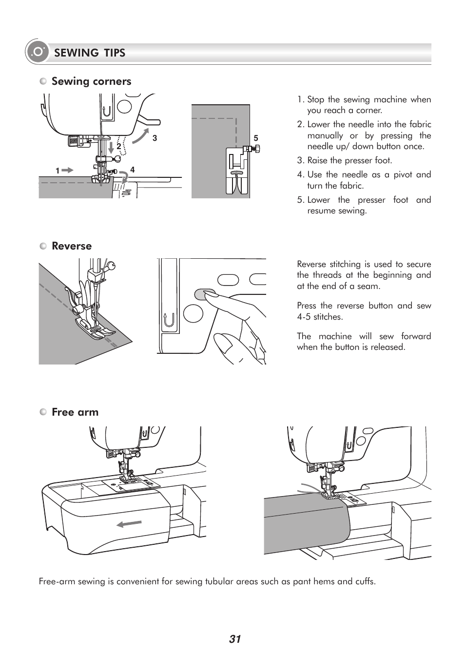 Free arm sewing corners, Reverse, Sewing tips | SINGER 9100 User Manual | Page 36 / 84