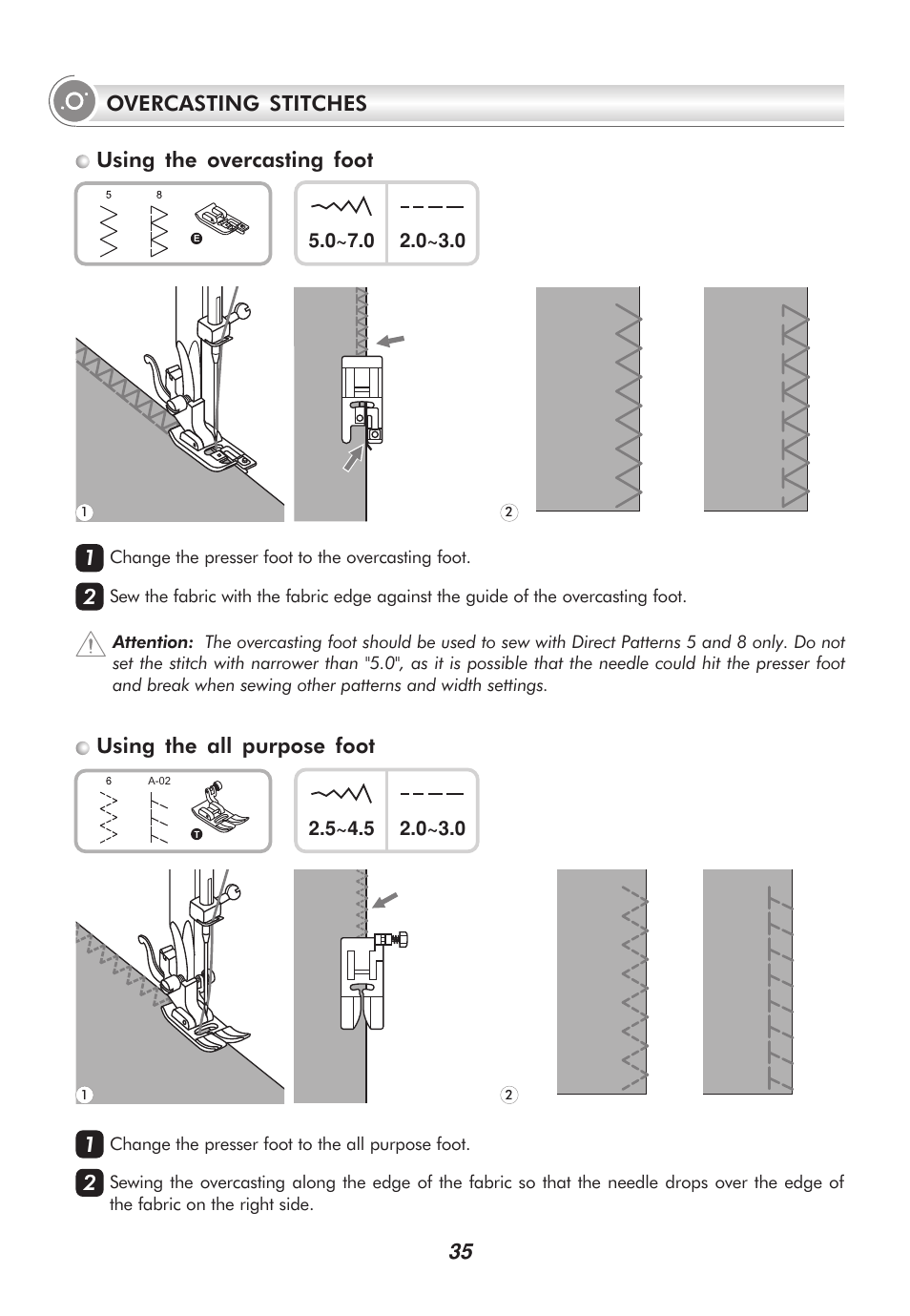 35 overcasting stitches, Using the all purpose foot, Using the overcasting foot | SINGER 9100 User Manual | Page 40 / 84